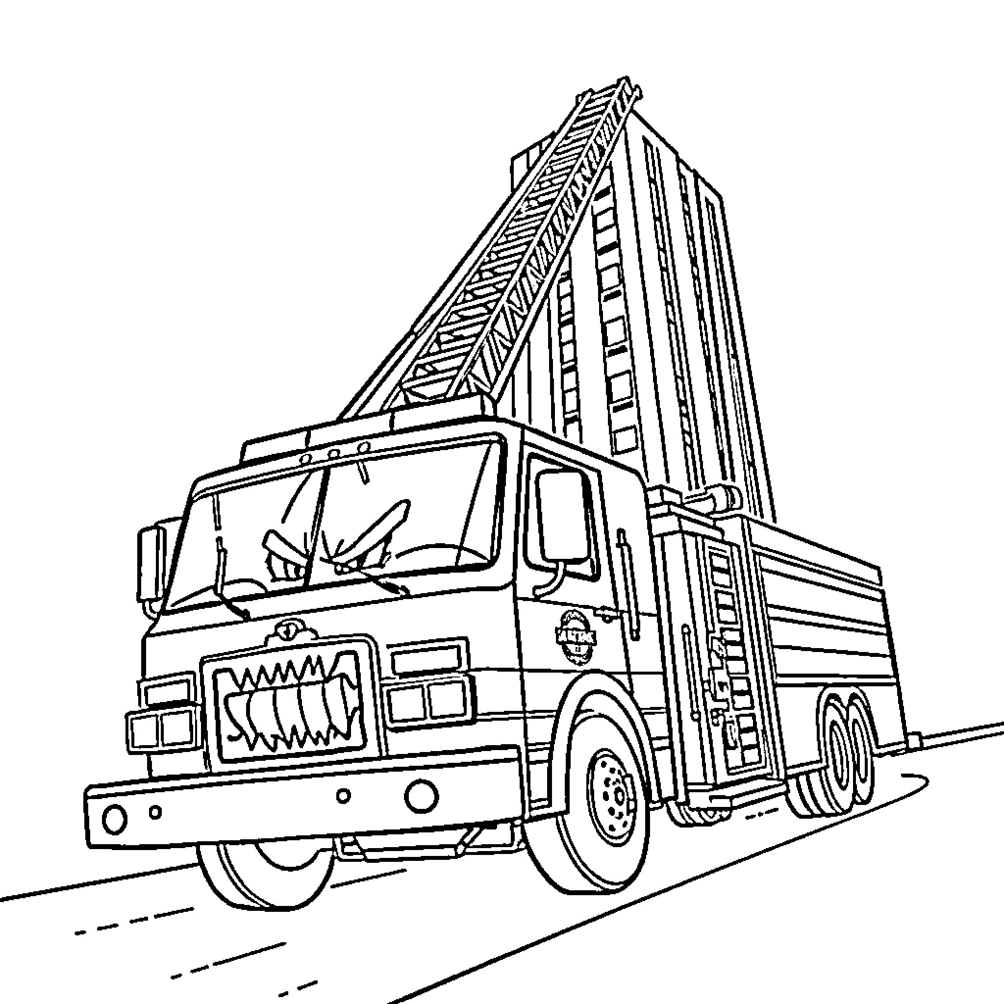 Fire Truck with Rescue Ladder at Emergency Scene Coloring Page (free black-and-white line drawing printable PDF for all, from beginners to advanced learners, including children, teens, adults, and seniors)