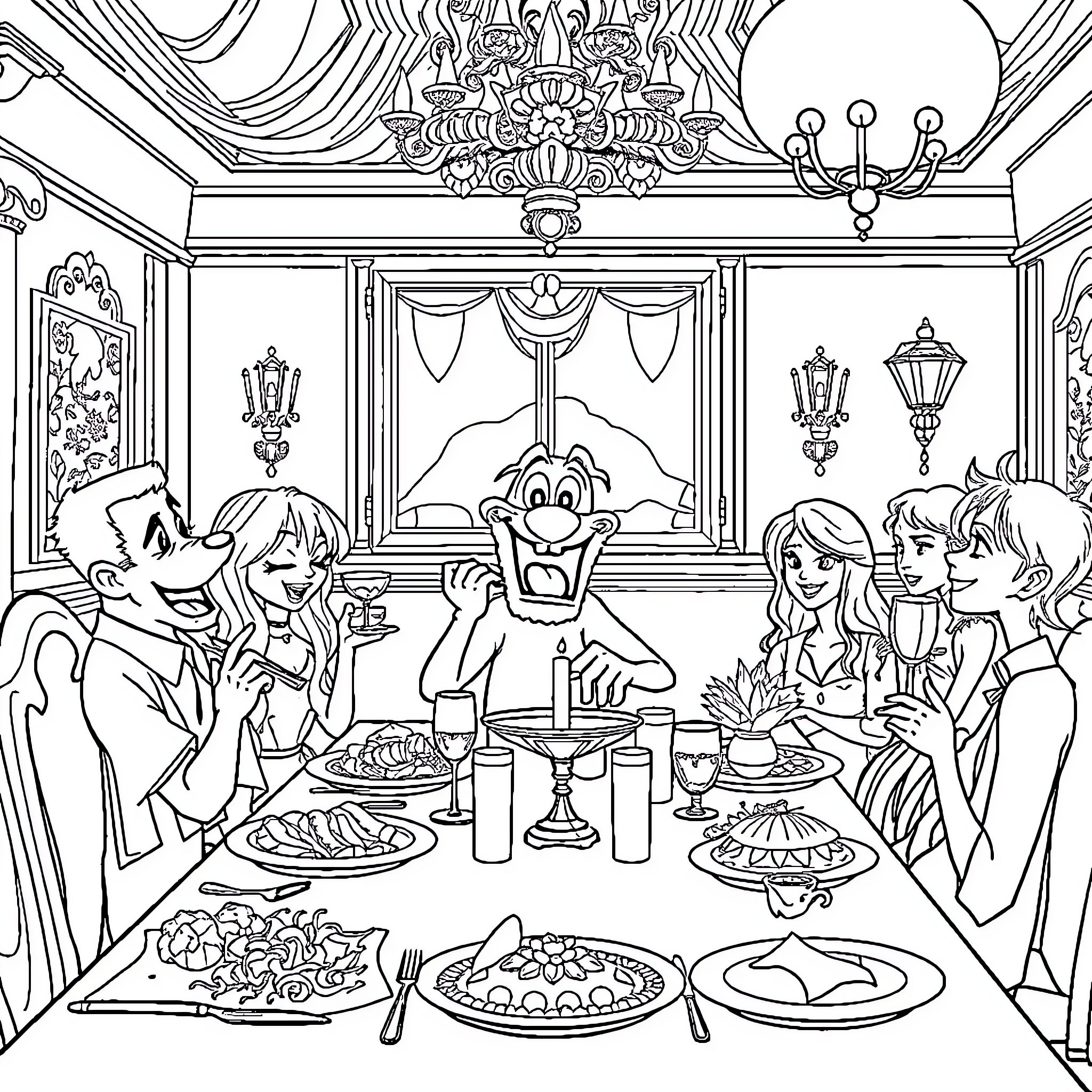 Taz's Fancy Feast with Friends Coloring Page (free black-and-white line drawing printable PDF for all, from beginners to advanced learners, including children, teens, adults, and seniors)