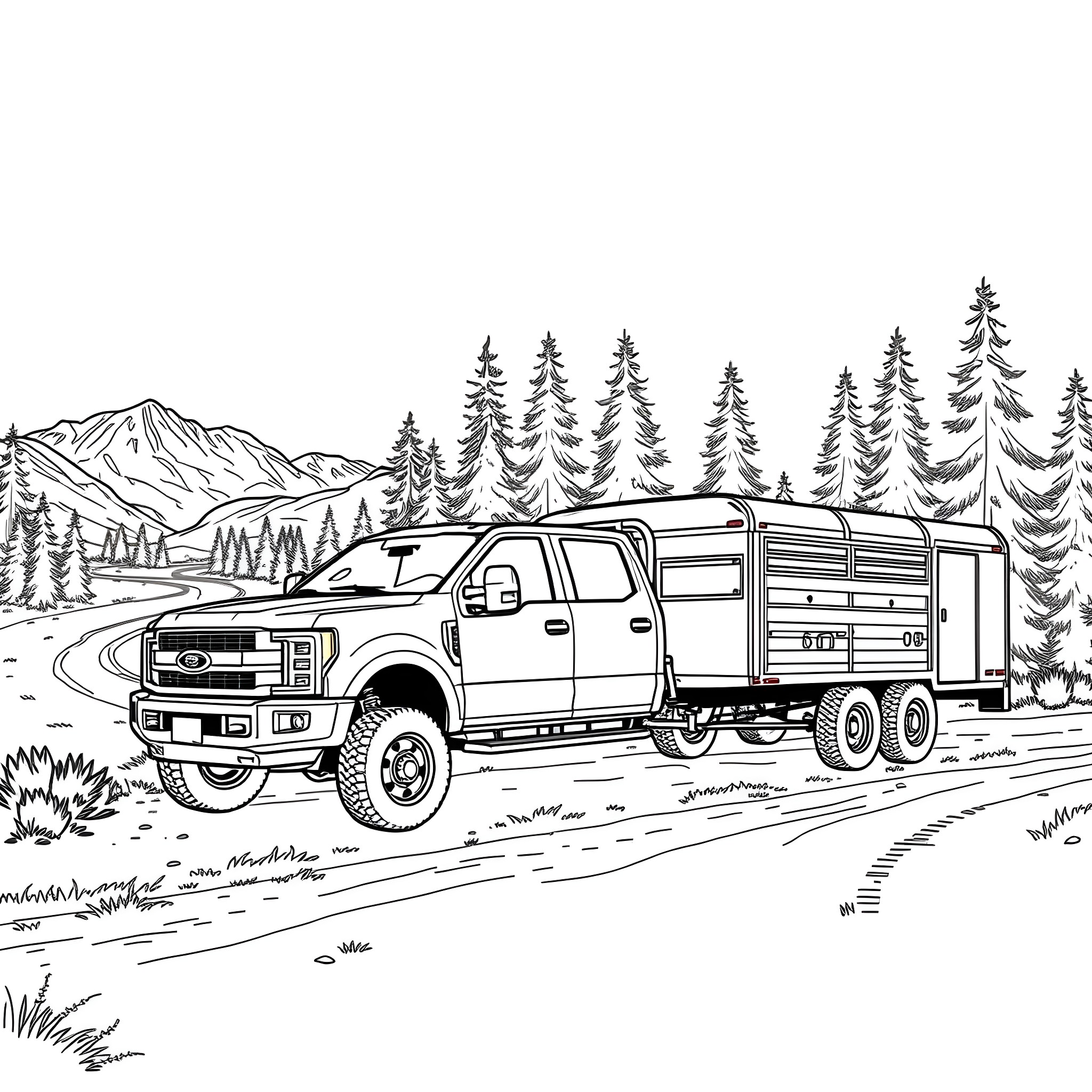 Pickup truck hauling equipment in the mountains Coloring Page (free black-and-white line drawing printable PDF for all, from beginners to advanced learners, including children, teens, adults, and seniors)