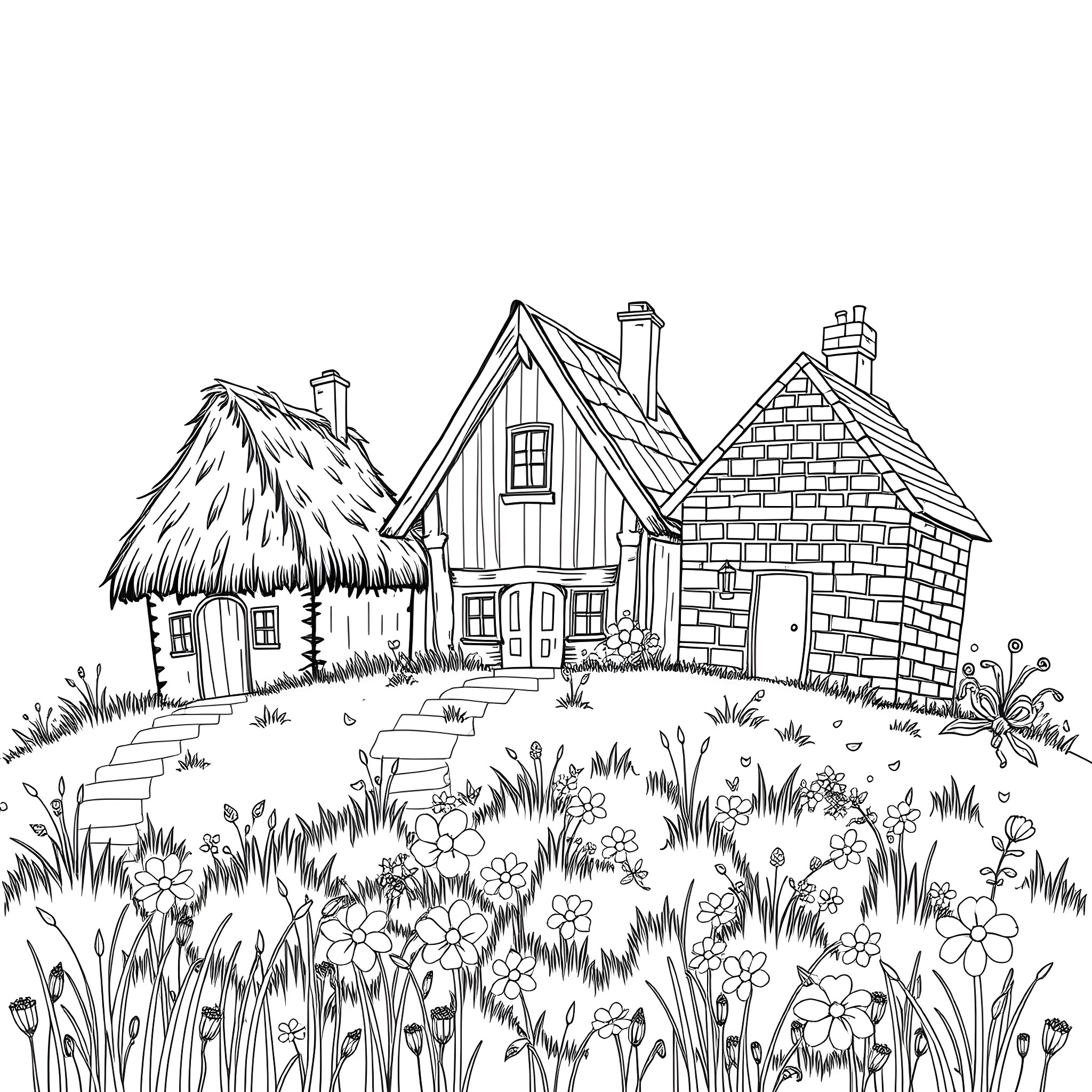 Pig farmhouses in a blooming meadow Coloring Page (free black-and-white line drawing printable PDF for all, from beginners to advanced learners, including children, teens, adults, and seniors)