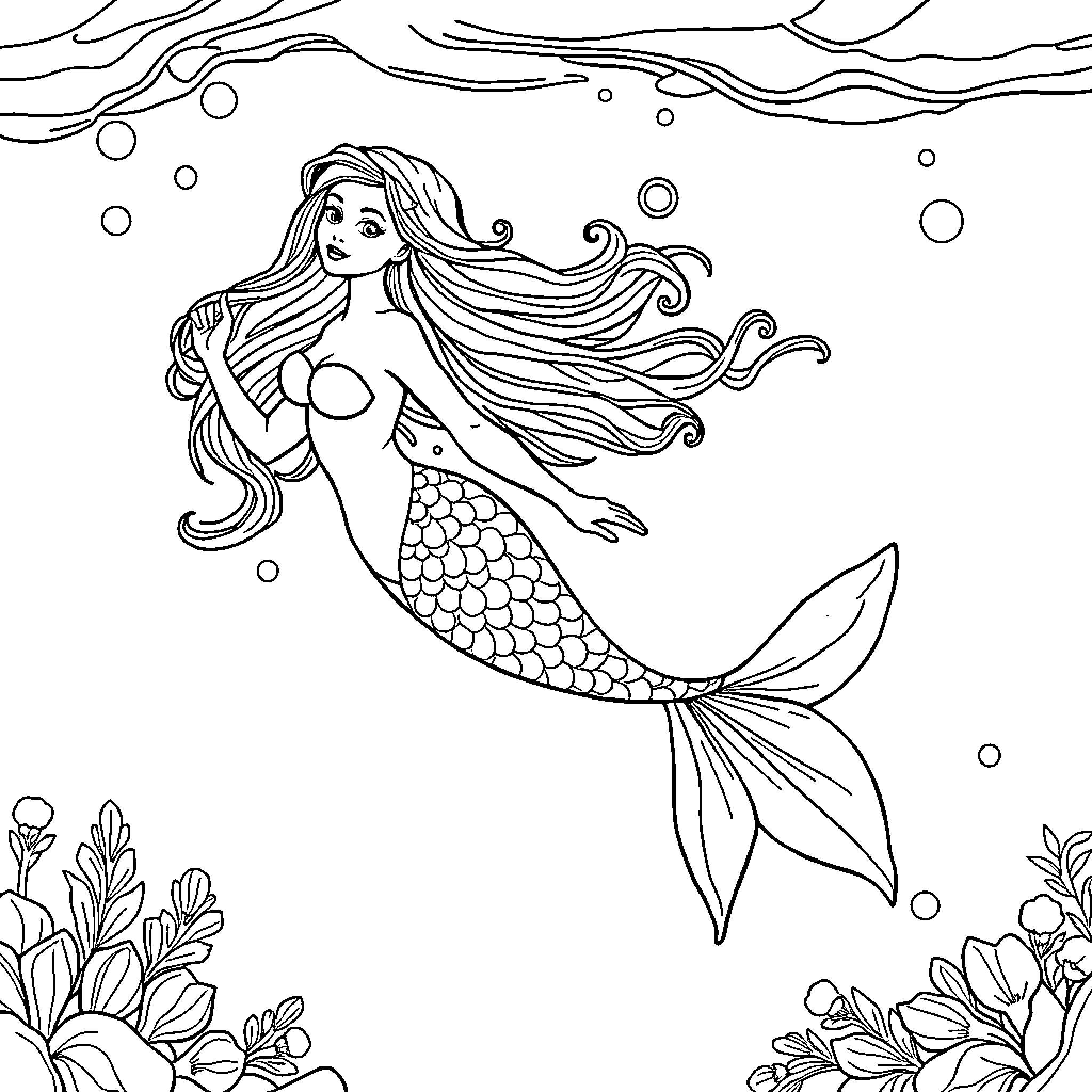 Mermaid swimming gracefully in the sea Coloring Page (free black-and-white line drawing printable PDF for all, from beginners to advanced learners, including children, teens, adults, and seniors)