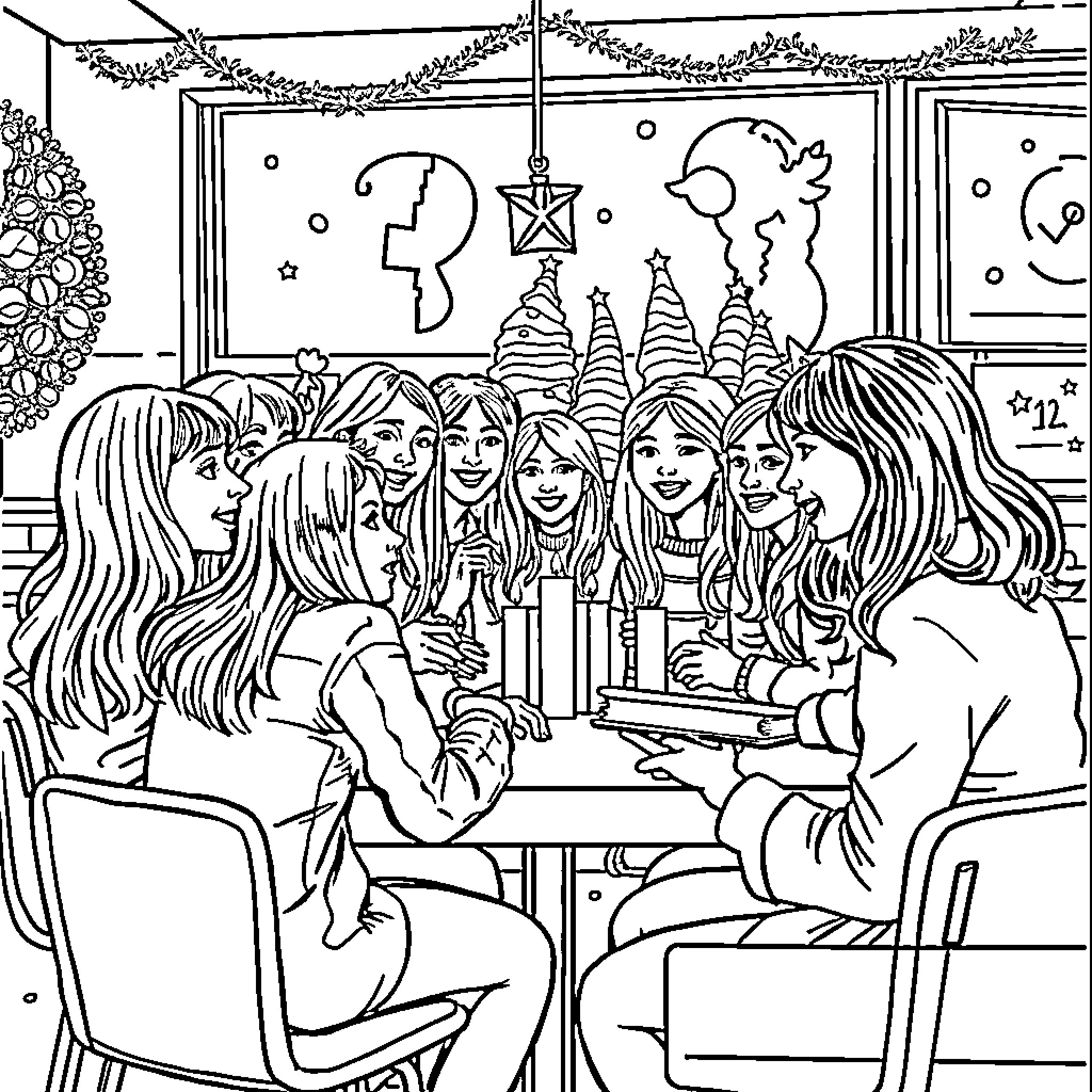 Students Enjoying Holiday Festivities Together Coloring Page (free black-and-white line drawing printable PDF for all, from beginners to advanced learners, including children, teens, adults, and seniors)
