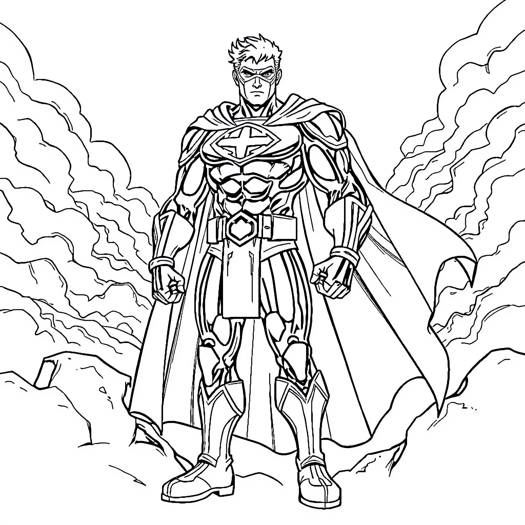 Hero in Heroic Pose with Distinctive Costume Coloring Page (free black-and-white line drawing printable PDF for all, from beginners to advanced learners, including children, teens, adults, and seniors)