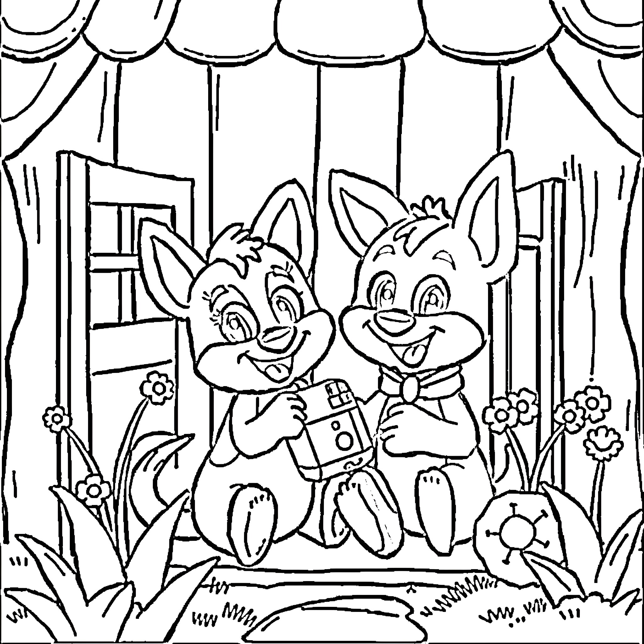 Bluey and Bingo playing together happily in the garden Coloring Page (free black-and-white line drawing printable PDF for all, from beginners to advanced learners, including children, teens, adults, and seniors)