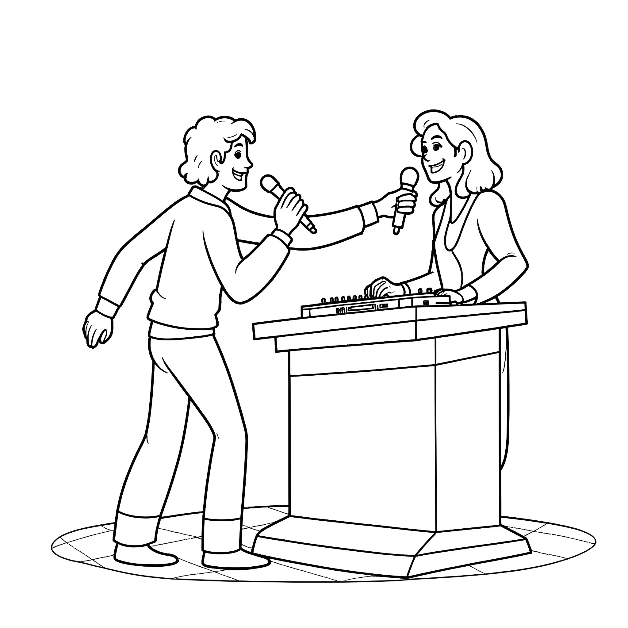DJ hosting a live performance Coloring Page (free black-and-white line drawing printable PDF for all, from beginners to advanced learners, including children, teens, adults, and seniors)