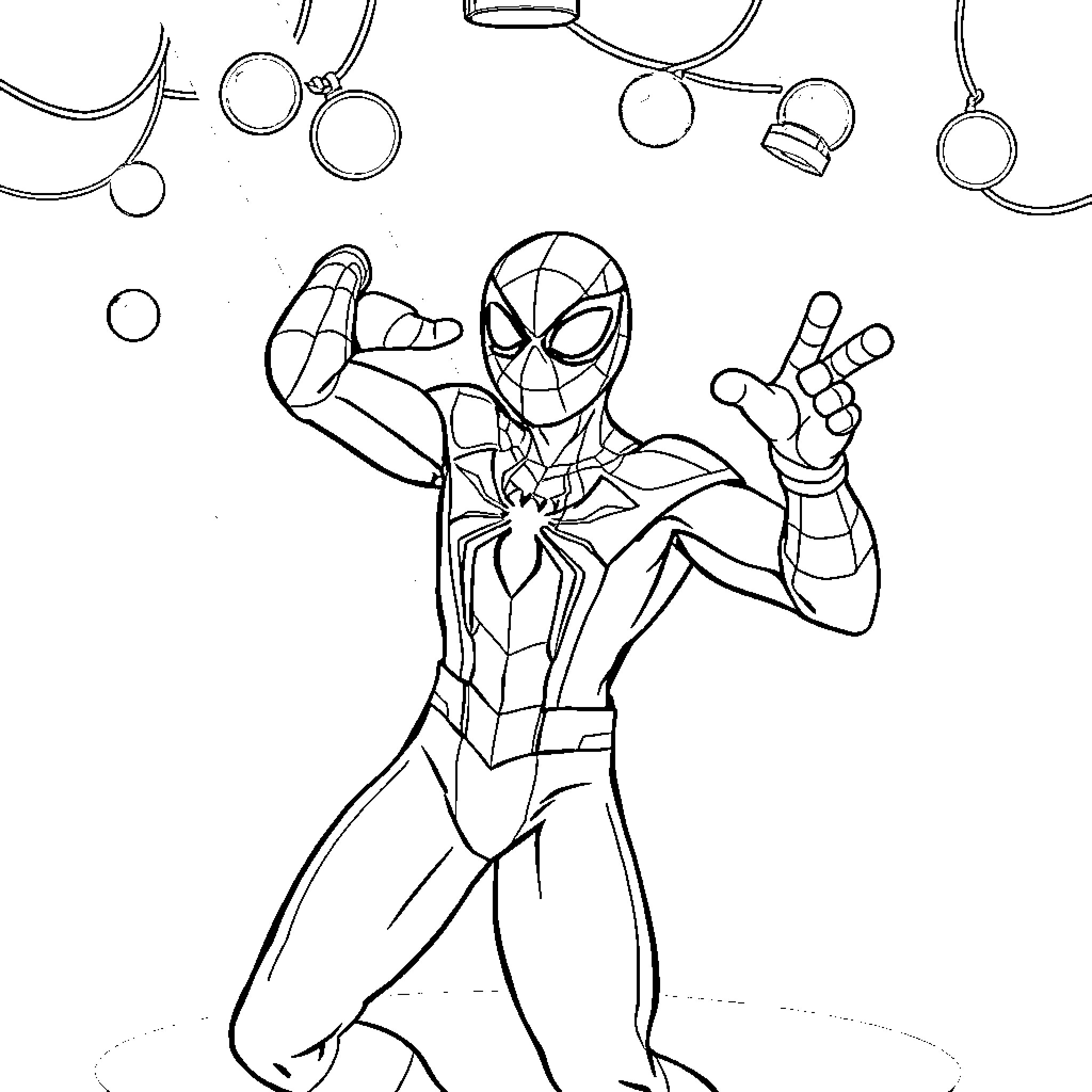 Spiderman in action-packed scene with web-slinging Coloring Page (free black-and-white line drawing printable PDF for all, from beginners to advanced learners, including children, teens, adults, and seniors)