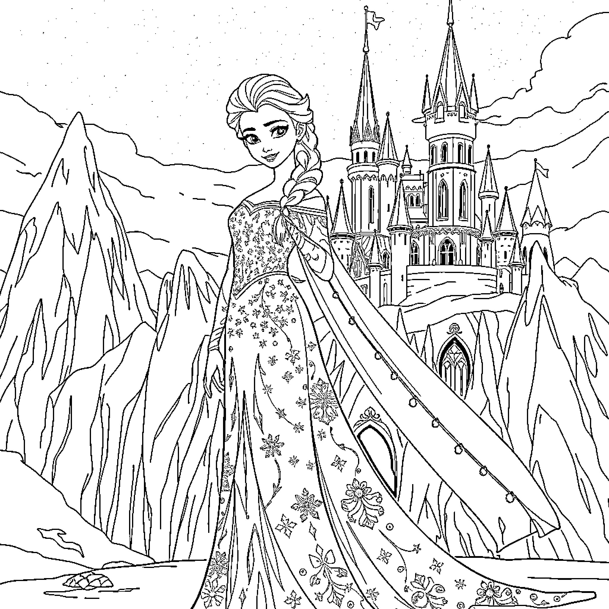 Elsa admiring the majestic castle in the winter landscape Coloring Page (free black-and-white line drawing printable PDF for all, from beginners to advanced learners, including children, teens, adults, and seniors)
