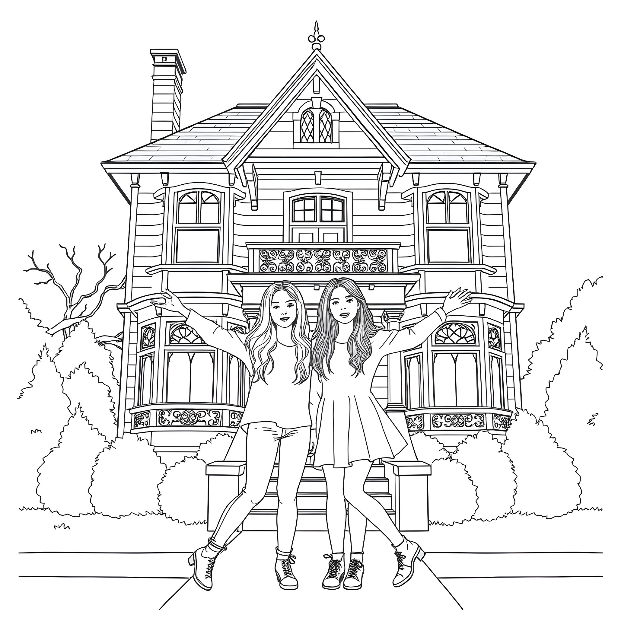 Olsen Twins Posing Gracefully in Front of Victorian Home Coloring Page (free black-and-white line drawing printable PDF for all, from beginners to advanced learners, including children, teens, adults, and seniors)