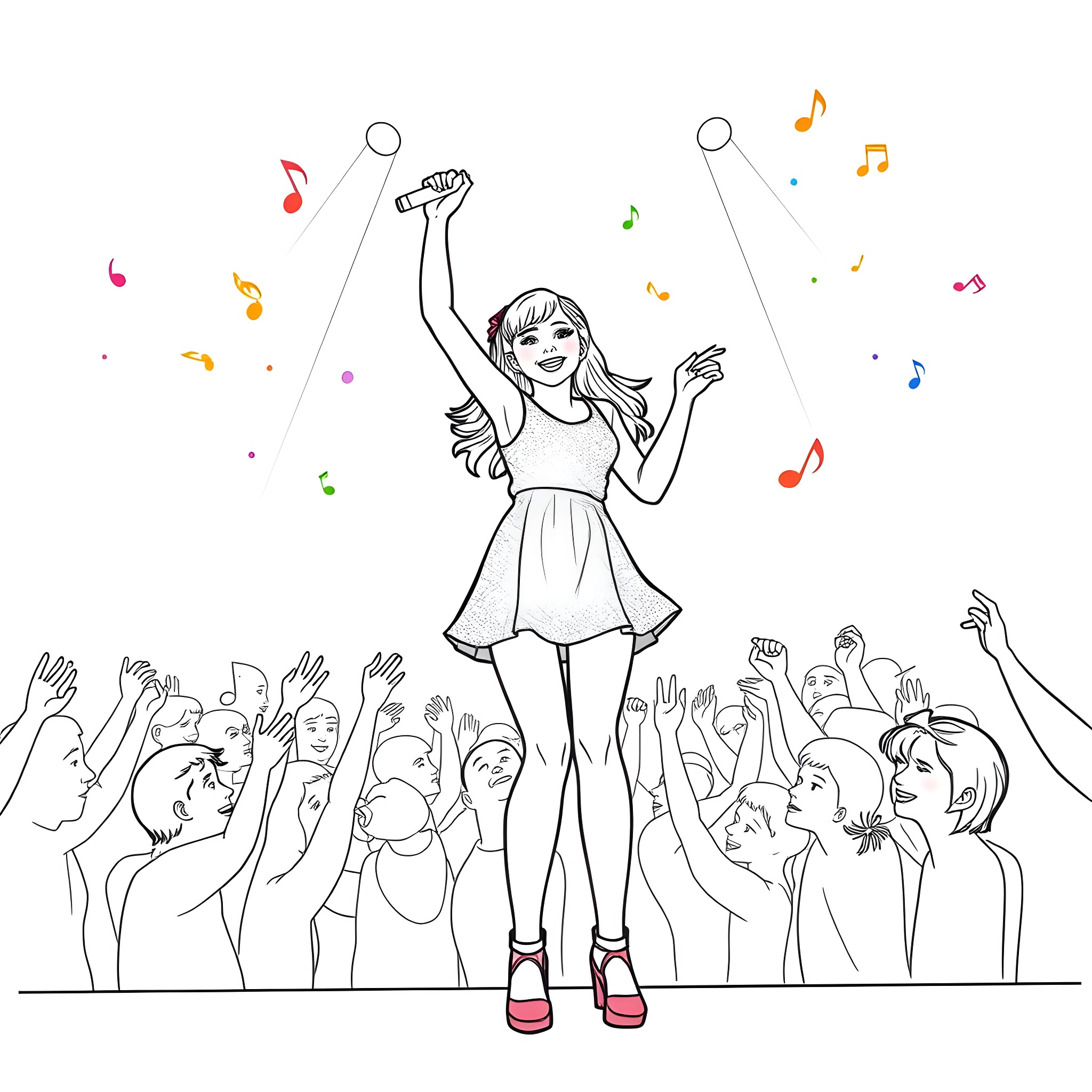 Teen Girl Performing on Stage with Cheering Crowd Coloring Page (free black-and-white line drawing printable PDF for all, from beginners to advanced learners, including children, teens, adults, and seniors)