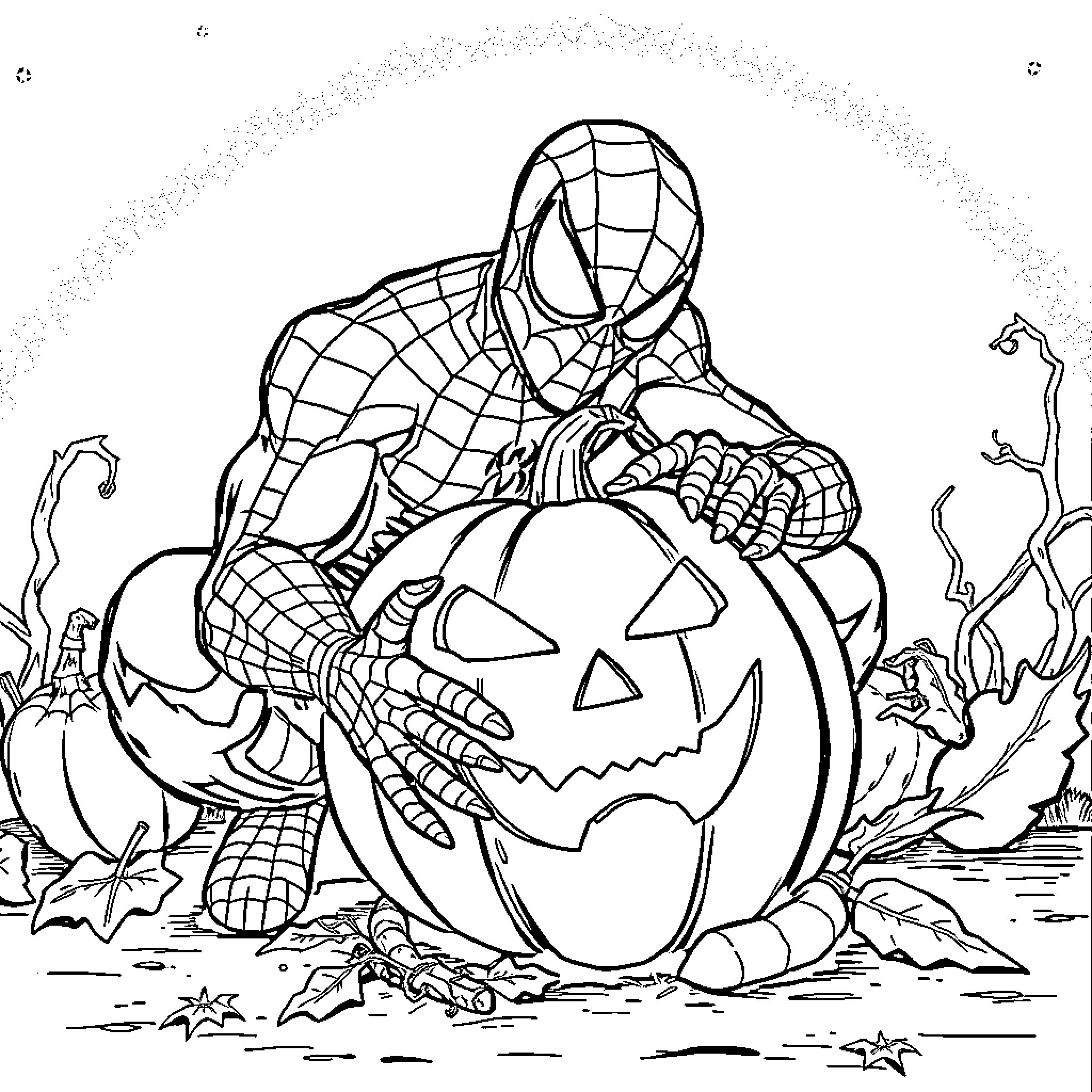 Spiderman carving a Halloween pumpkin Coloring Page (free black-and-white line drawing printable PDF for all, from beginners to advanced learners, including children, teens, adults, and seniors)
