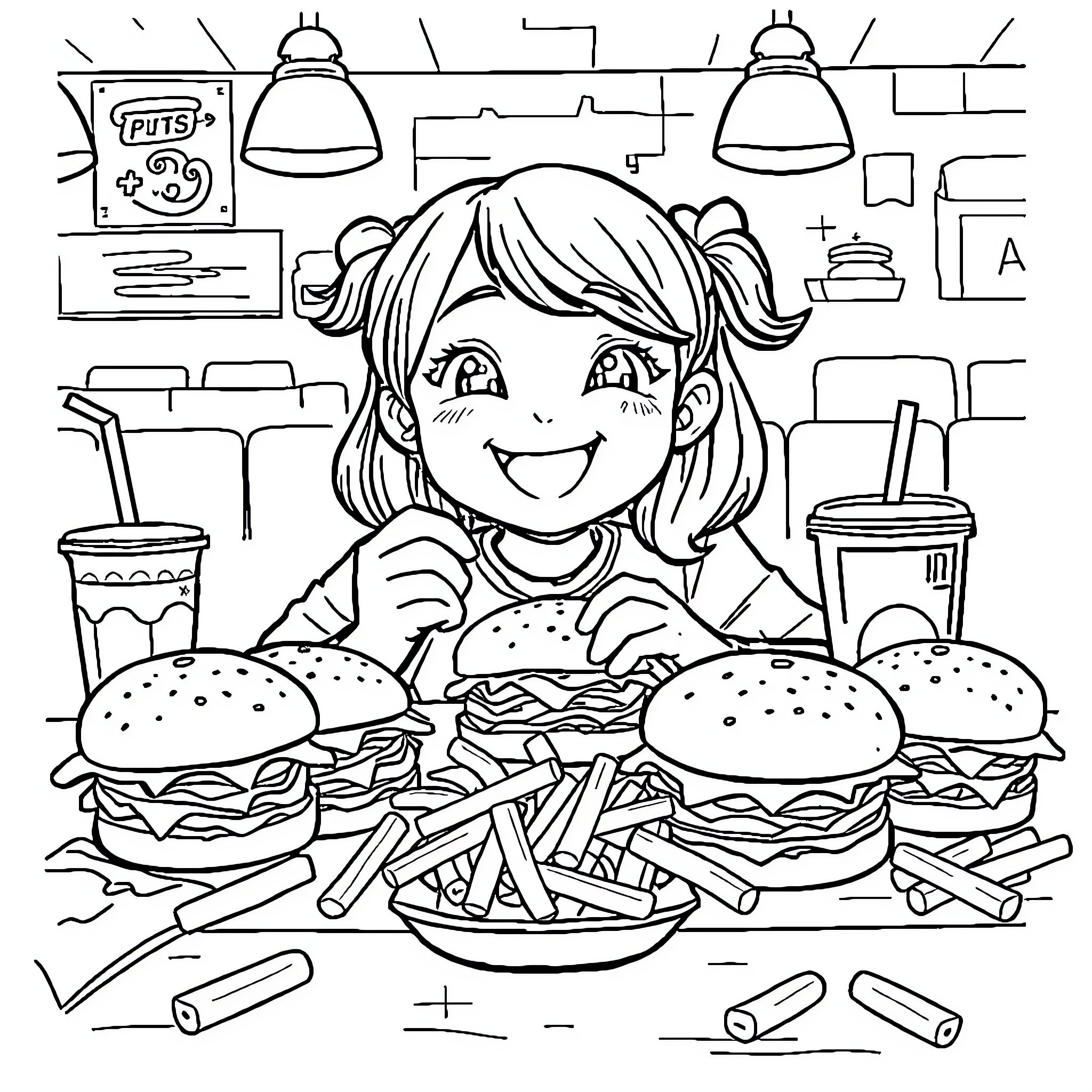 Girl enjoying a delicious fast food meal Coloring Page (free black-and-white line drawing printable PDF for all, from beginners to advanced learners, including children, teens, adults, and seniors)