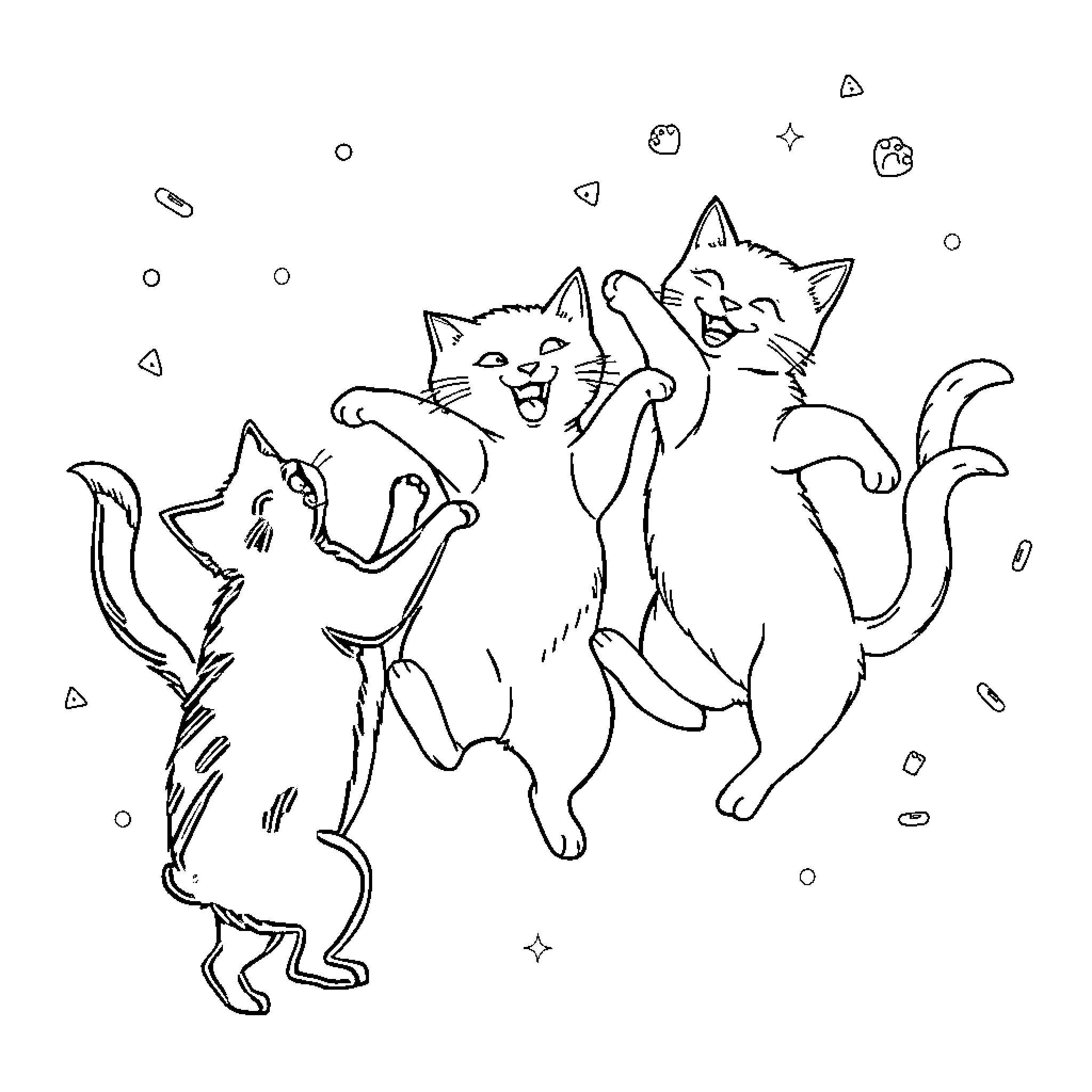 Cats playing joyfully with each other Coloring Page (free black-and-white line drawing printable PDF for all, from beginners to advanced learners, including children, teens, adults, and seniors)