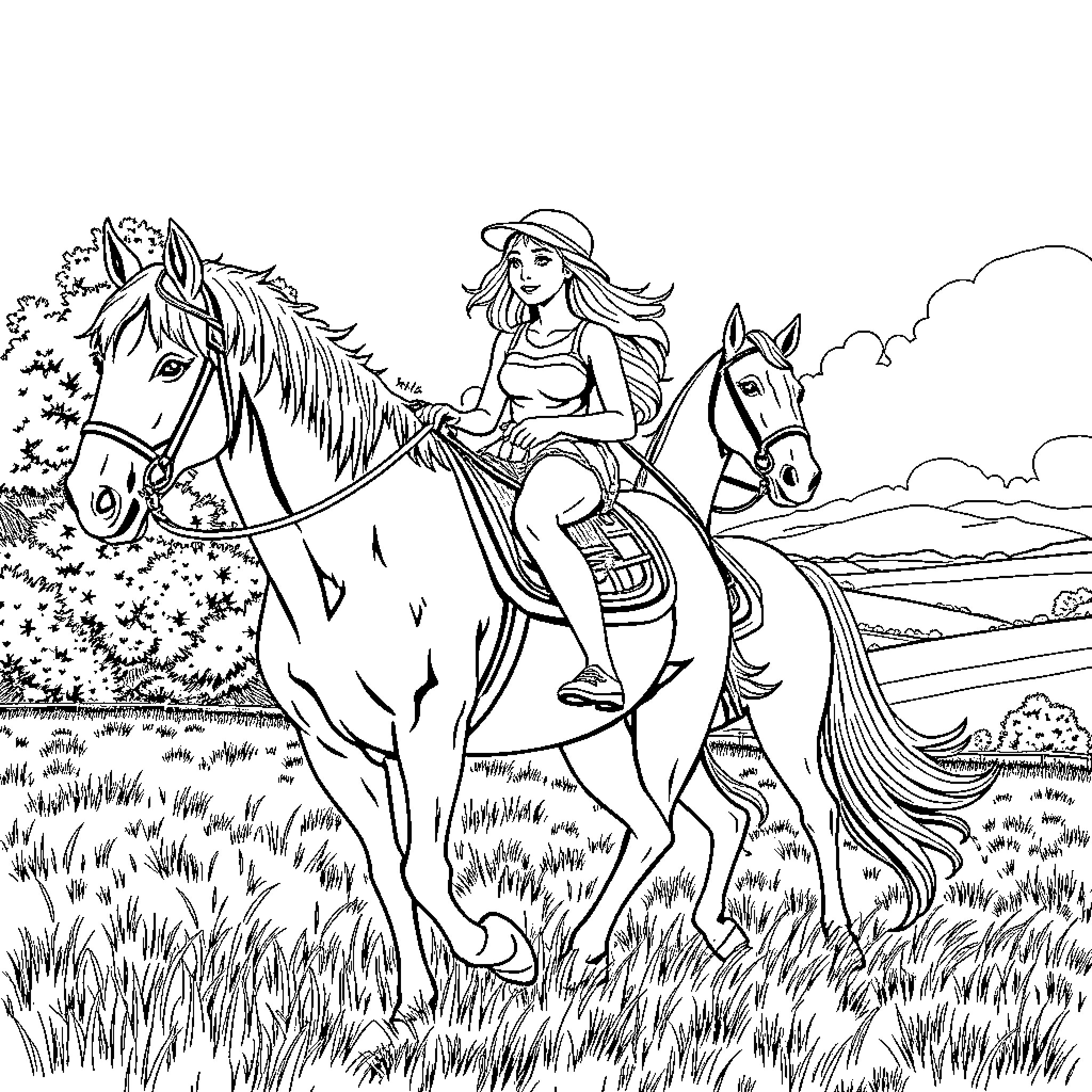 Bibi and Tina riding horses through the countryside Coloring Page (free black-and-white line drawing printable PDF for all, from beginners to advanced learners, including children, teens, adults, and seniors)