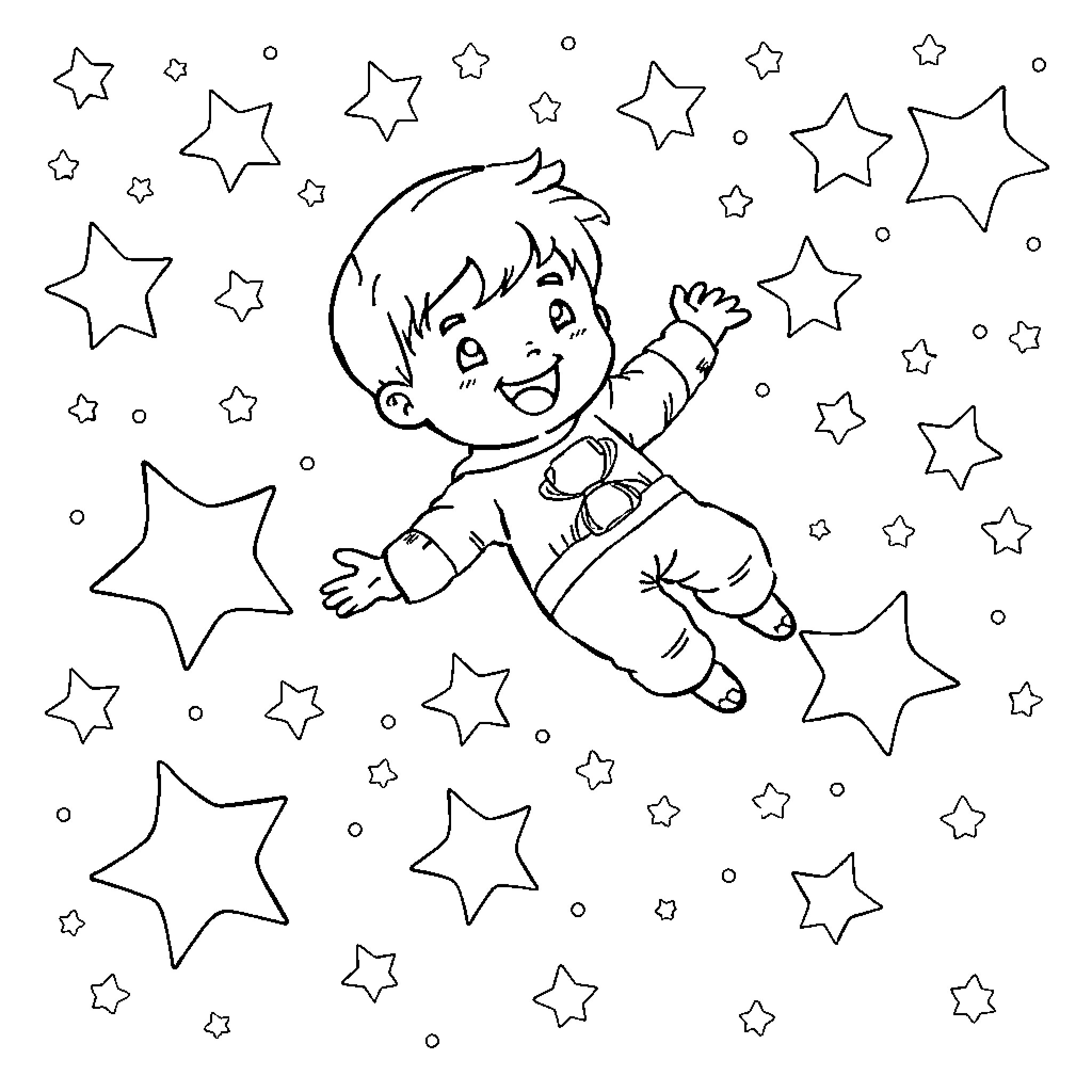 Child playing in the starry night Coloring Page (free black-and-white line drawing printable PDF for all, from beginners to advanced learners, including children, teens, adults, and seniors)