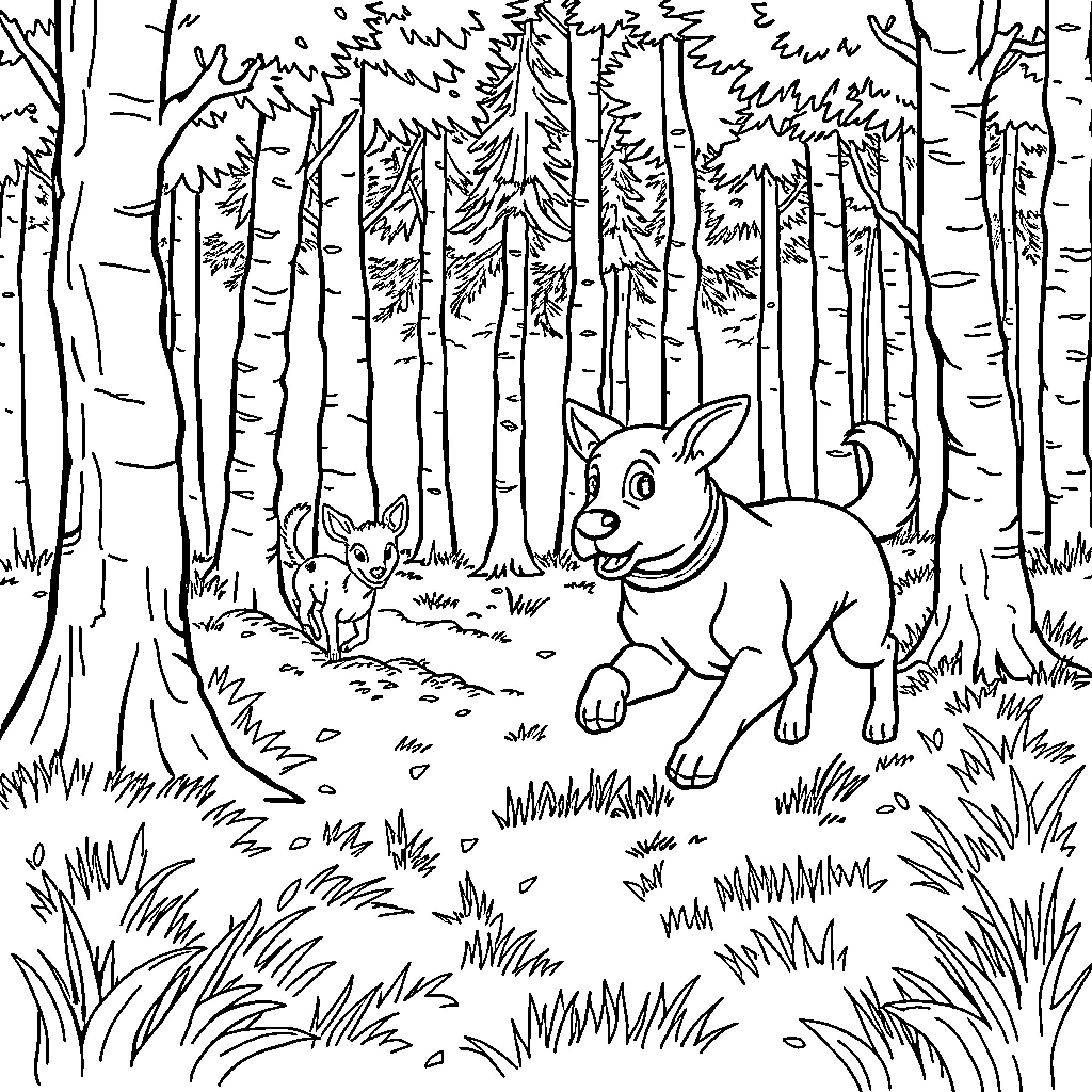 Dog exploring the forest with its pup Coloring Page (free black-and-white line drawing printable PDF for all, from beginners to advanced learners, including children, teens, adults, and seniors)
