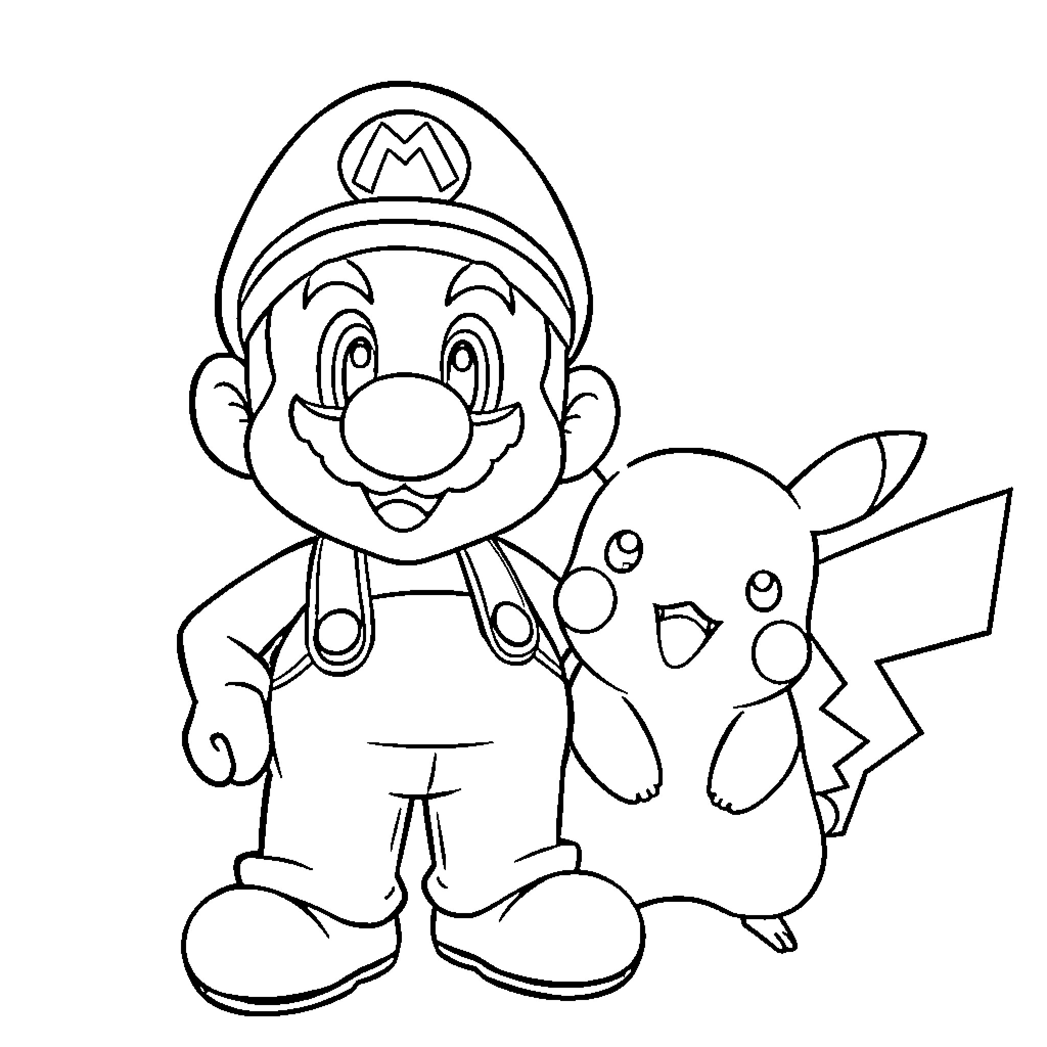 Mario and Pikachu in an Adventure Coloring Page (free black-and-white line drawing printable PDF for all, from beginners to advanced learners, including children, teens, adults, and seniors)