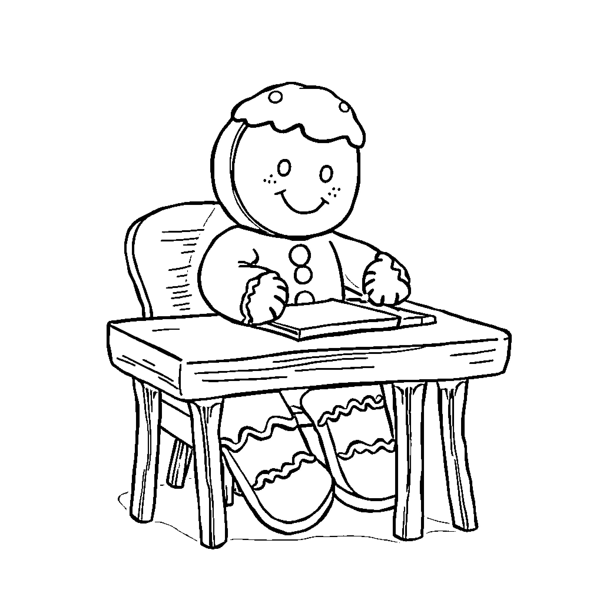 Gingerbread child studying at desk Coloring Page (free black-and-white line drawing printable PDF for all, from beginners to advanced learners, including children, teens, adults, and seniors)