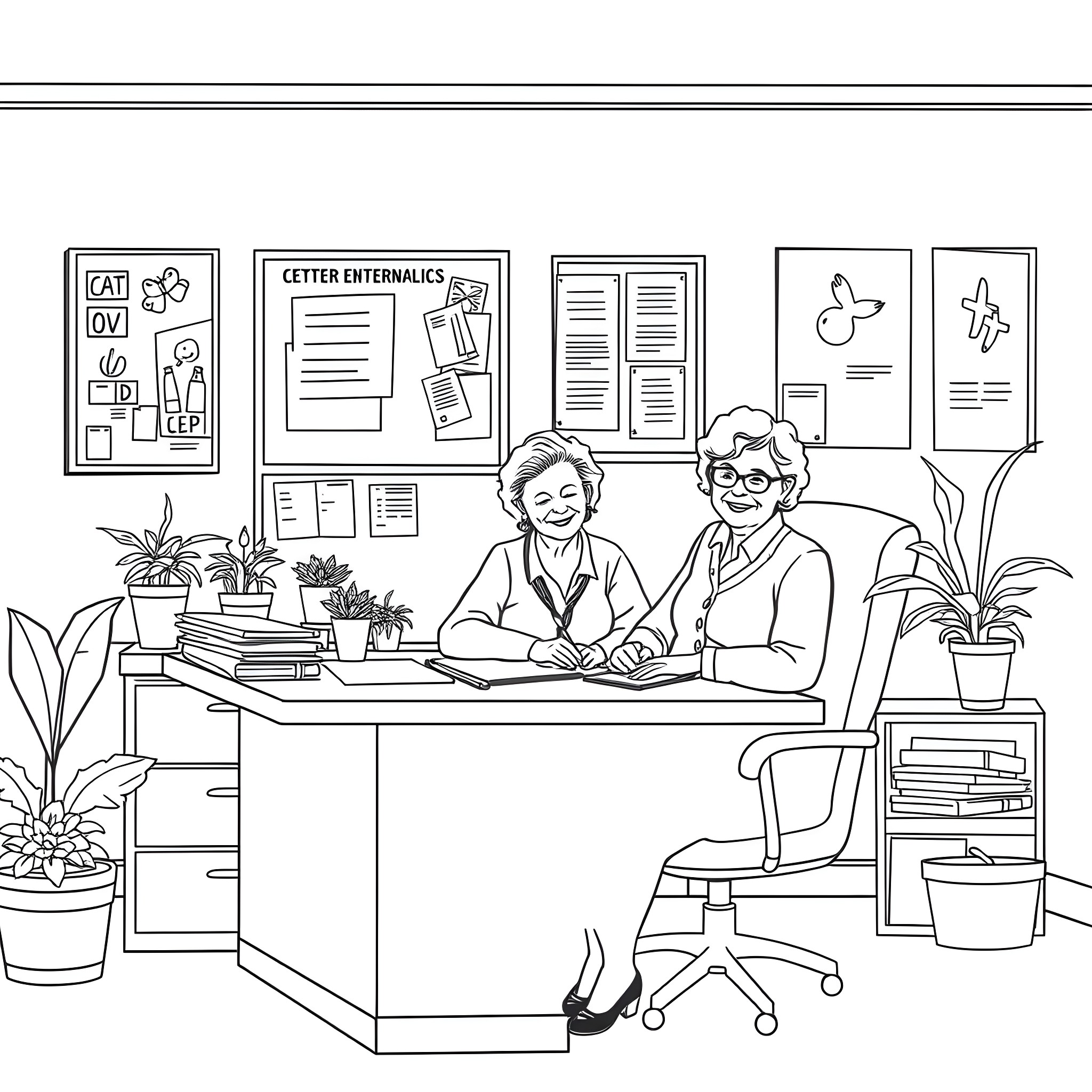 Senior Ladies Working in Office Coloring Page (free black-and-white line drawing printable PDF for all, from beginners to advanced learners, including children, teens, adults, and seniors)