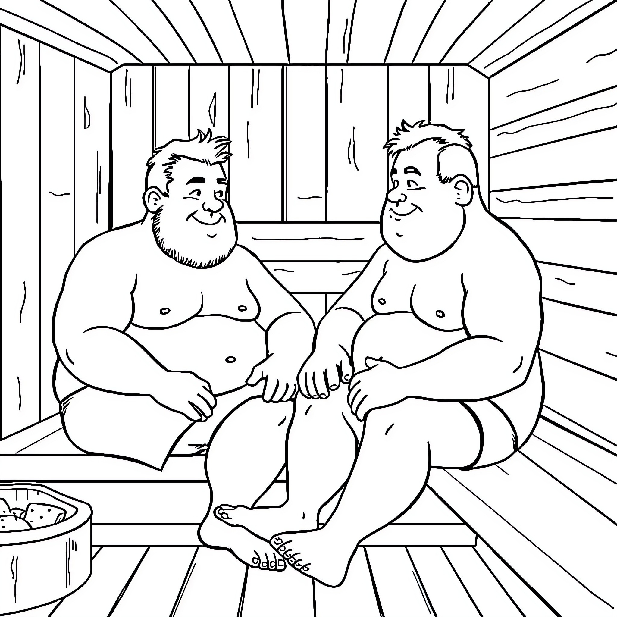 Men relaxing in the sauna Coloring Page (free black-and-white line drawing printable PDF for all, from beginners to advanced learners, including children, teens, adults, and seniors)