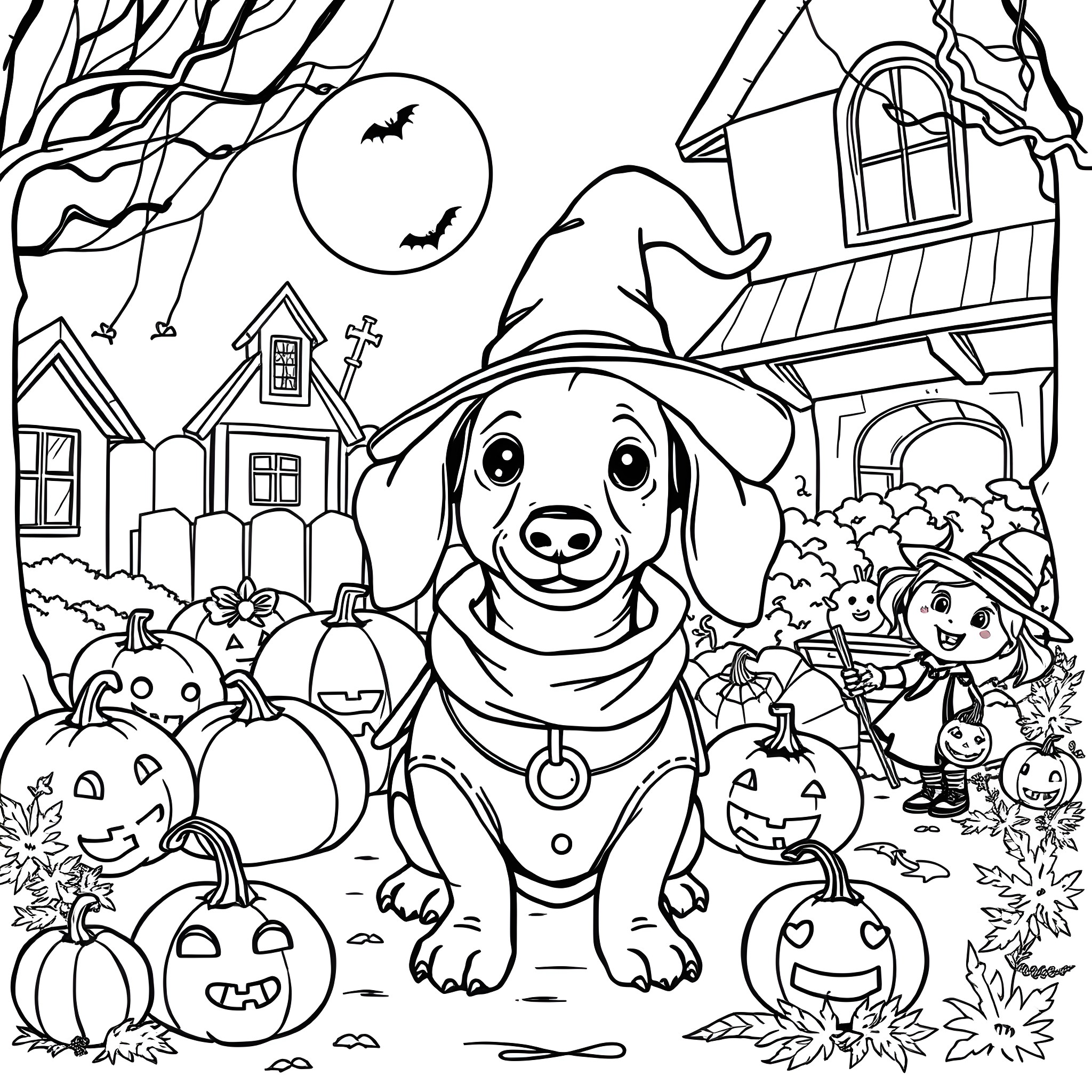 Dachshund in Halloween costume among pumpkins and friends Coloring Page (free black-and-white line drawing printable PDF for all, from beginners to advanced learners, including children, teens, adults, and seniors)