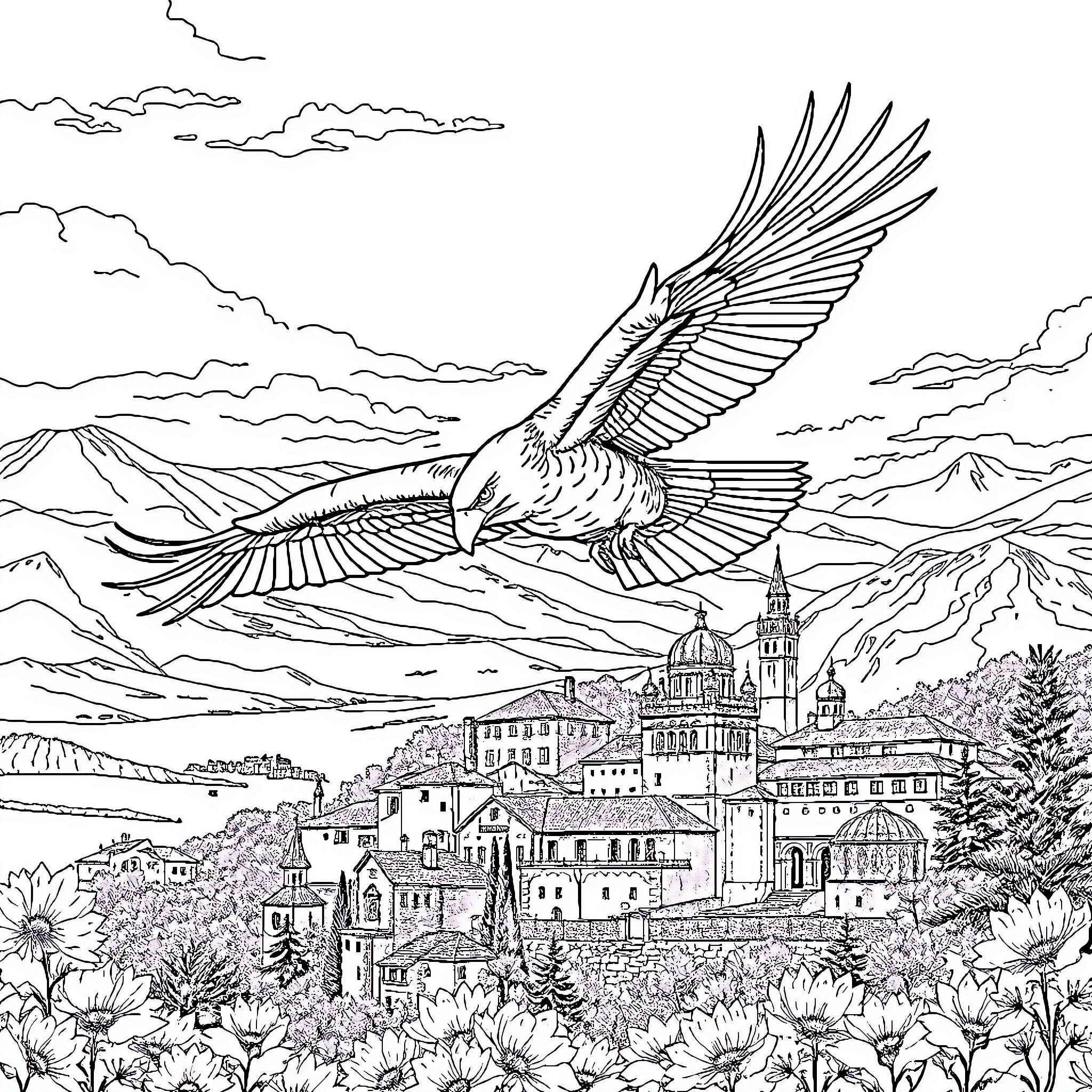 Eagle soaring majestically over a picturesque town Coloring Page (free black-and-white line drawing printable PDF for all, from beginners to advanced learners, including children, teens, adults, and seniors)