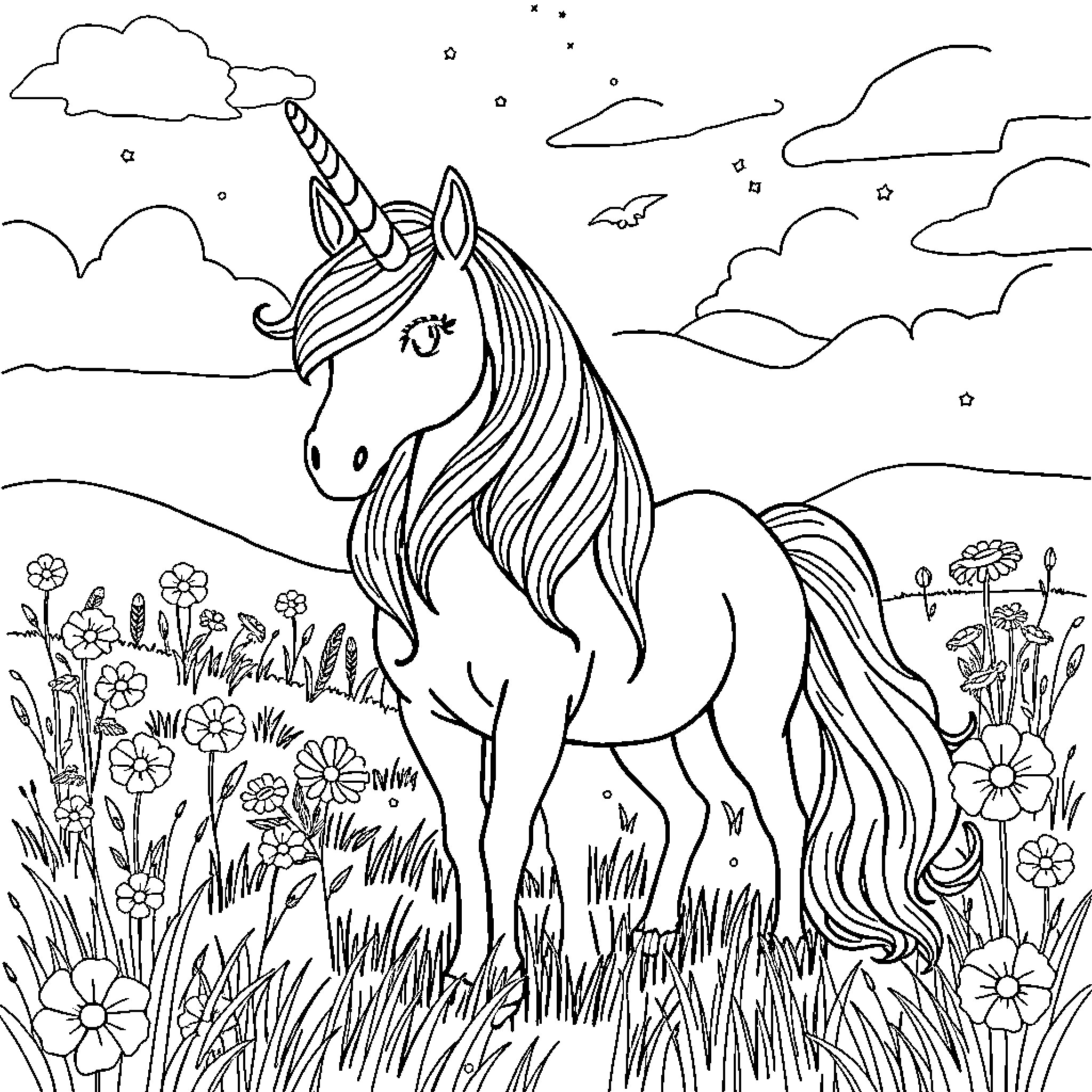 Unicorn standing amidst a magical floral landscape Coloring Page (free black-and-white line drawing printable PDF for all, from beginners to advanced learners, including children, teens, adults, and seniors)