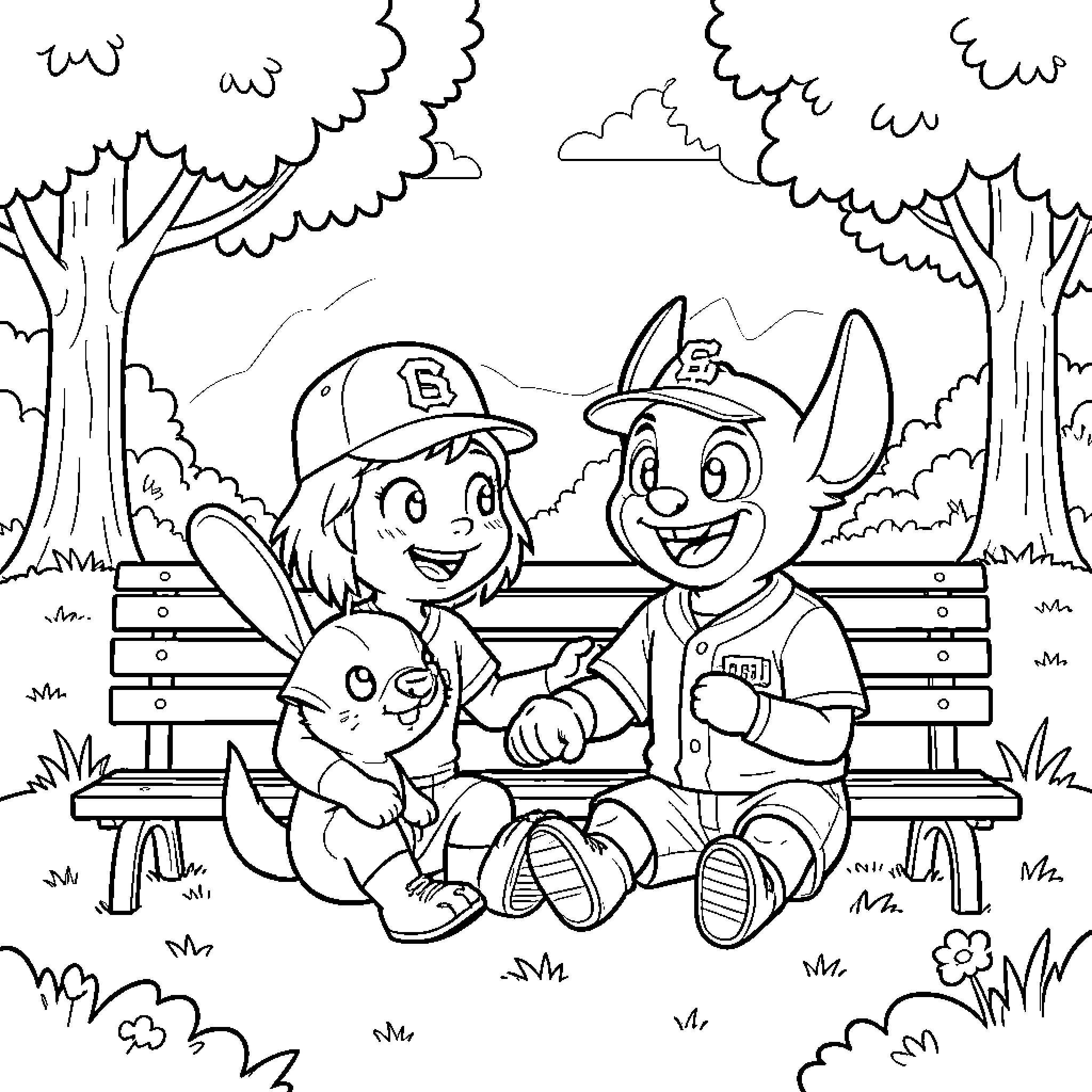 Slugger friends laughing together on a park bench Coloring Page (free black-and-white line drawing printable PDF for all, from beginners to advanced learners, including children, teens, adults, and seniors)