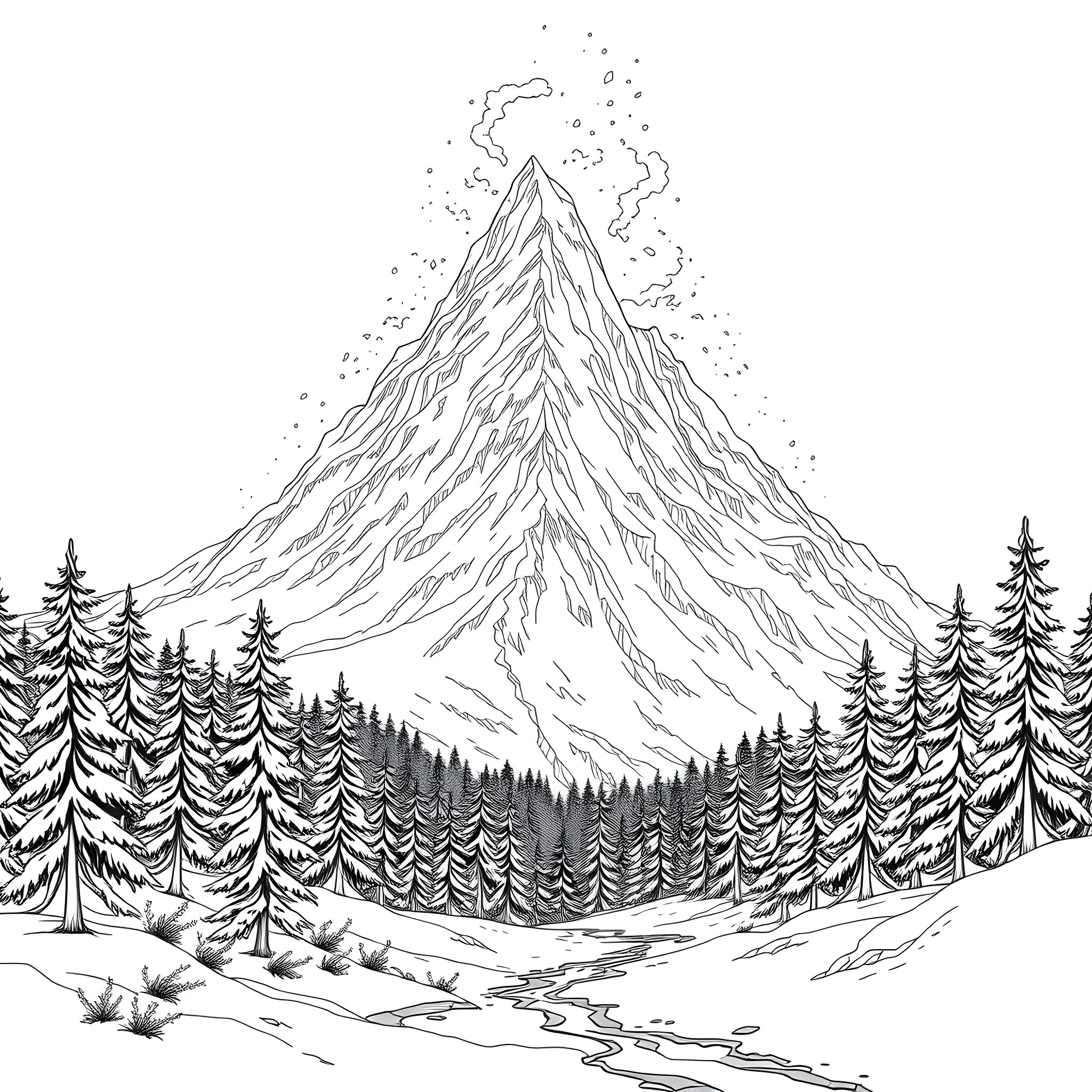 Snow-covered mountain peak and forest in winter Coloring Page (free black-and-white line drawing printable PDF for all, from beginners to advanced learners, including children, teens, adults, and seniors)