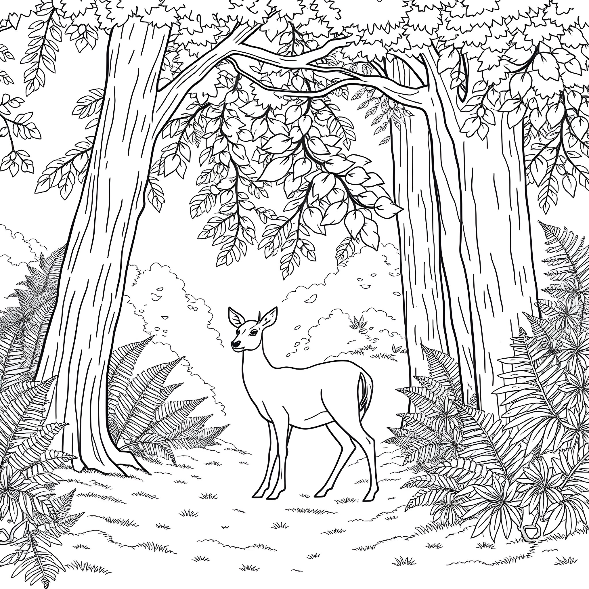 Deer exploring the enchanted forest Coloring Page (free black-and-white line drawing printable PDF for all, from beginners to advanced learners, including children, teens, adults, and seniors)