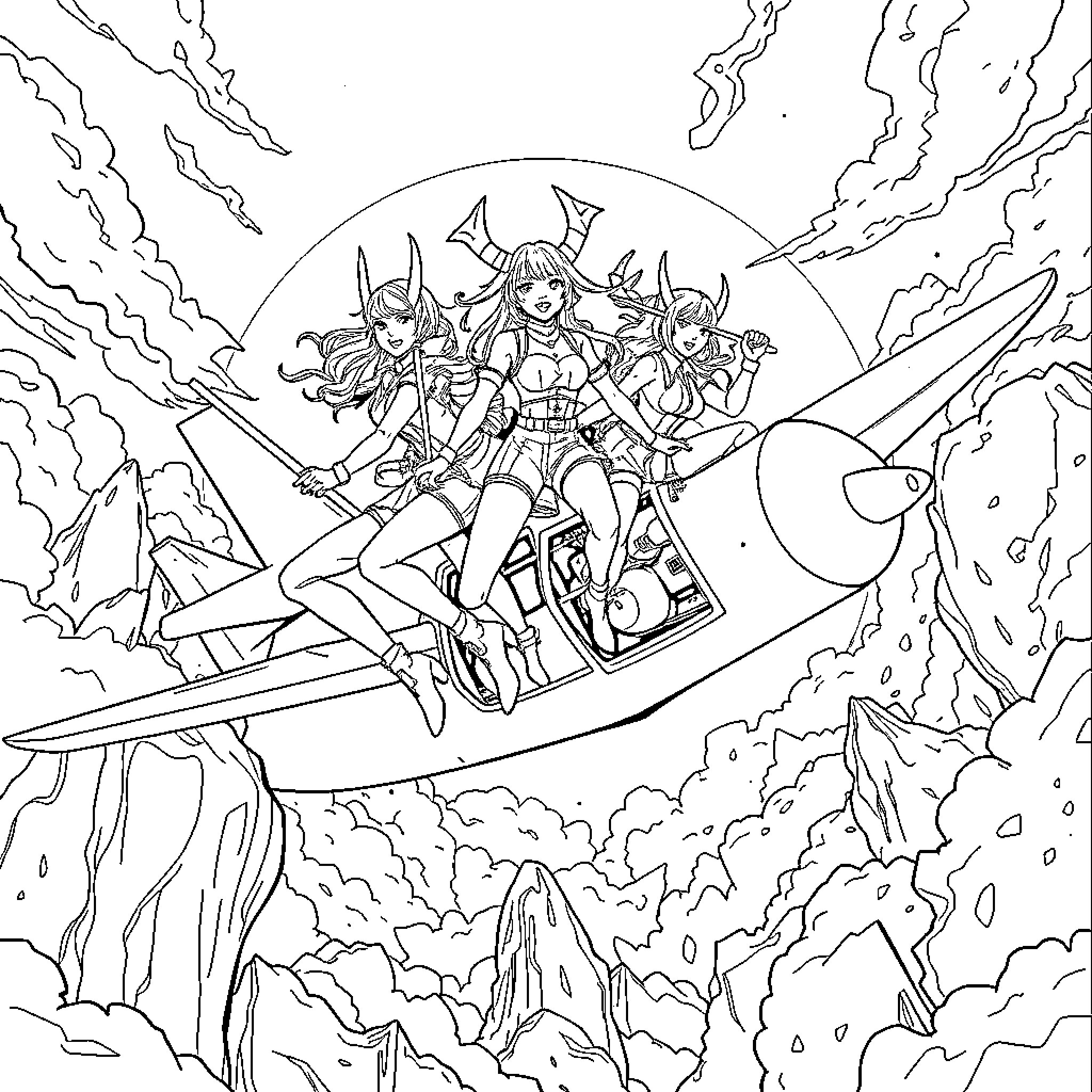 Huntrix's Sci-Fi Adventure in the Clouds Coloring Page (free black-and-white line drawing printable PDF for all, from beginners to advanced learners, including children, teens, adults, and seniors)