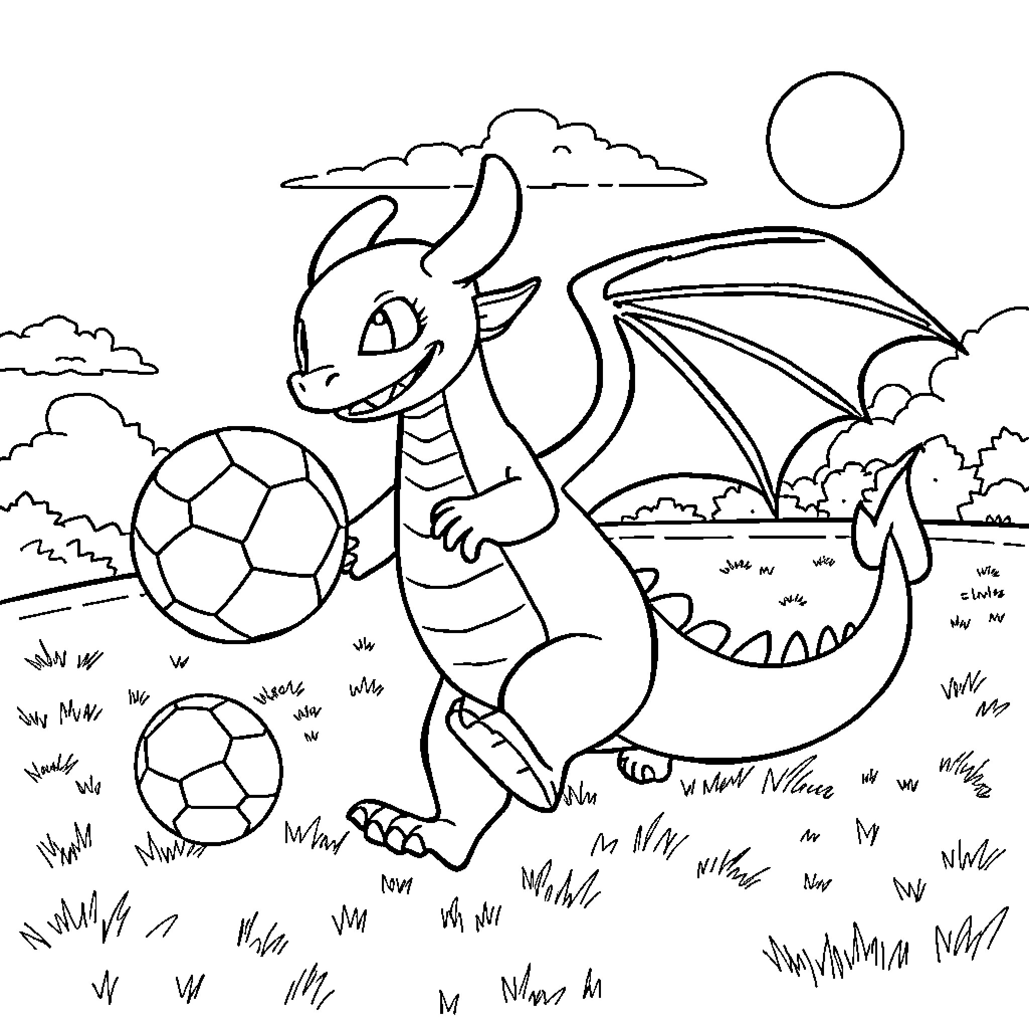 Toothless playing with soccer balls in the meadow Coloring Page (free black-and-white line drawing printable PDF for all, from beginners to advanced learners, including children, teens, adults, and seniors)