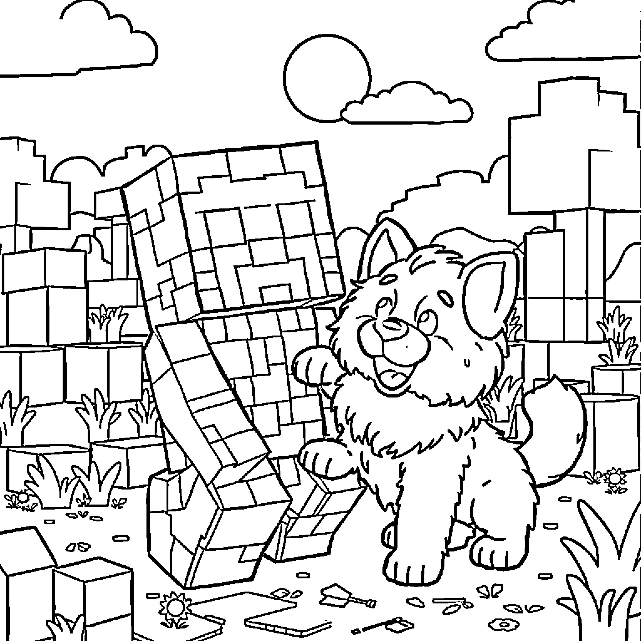 Creeper Puppy Exploring the City Coloring Page (free black-and-white line drawing printable PDF for all, from beginners to advanced learners, including children, teens, adults, and seniors)