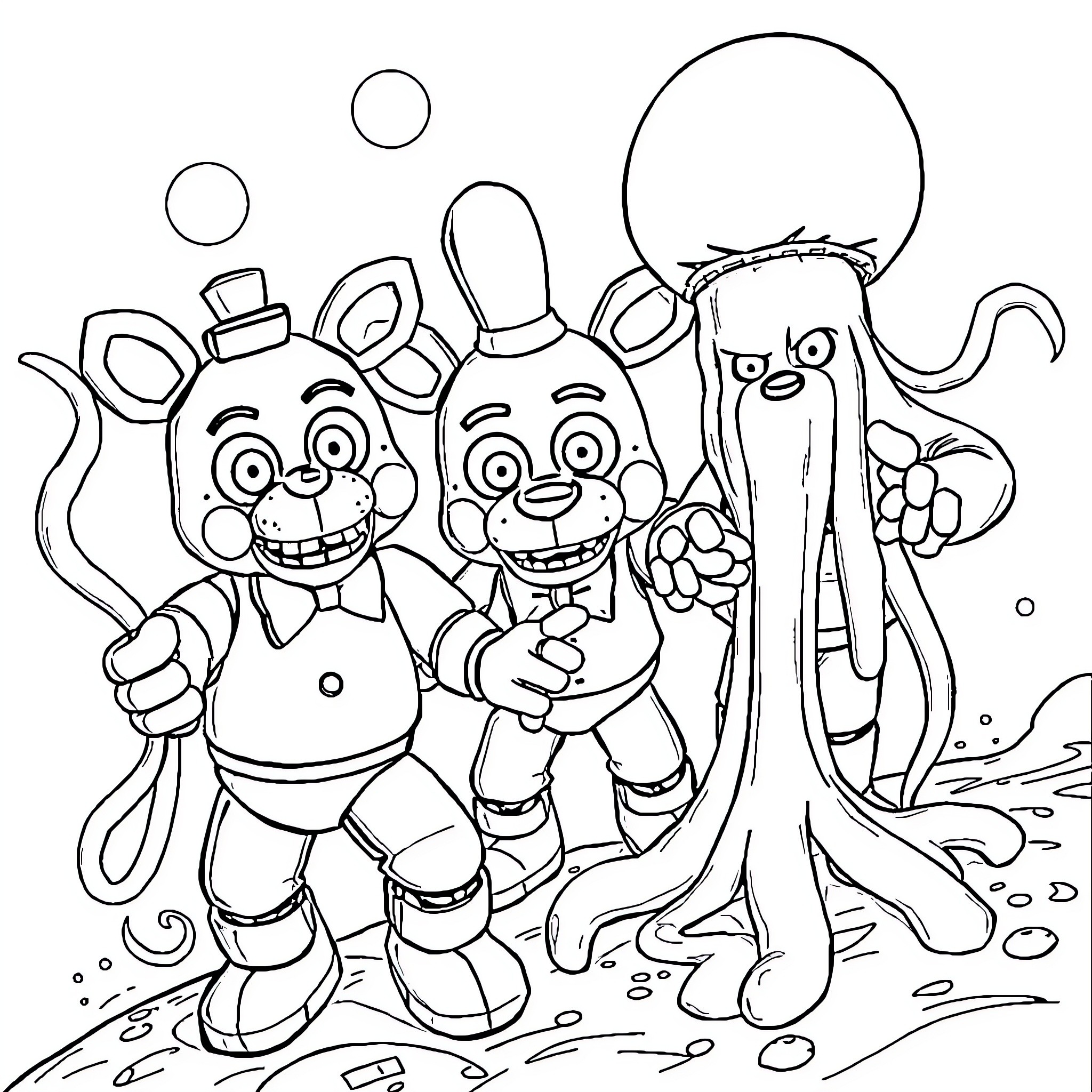 Freddy and friends in a playful underwater scene Coloring Page (free black-and-white line drawing printable PDF for all, from beginners to advanced learners, including children, teens, adults, and seniors)