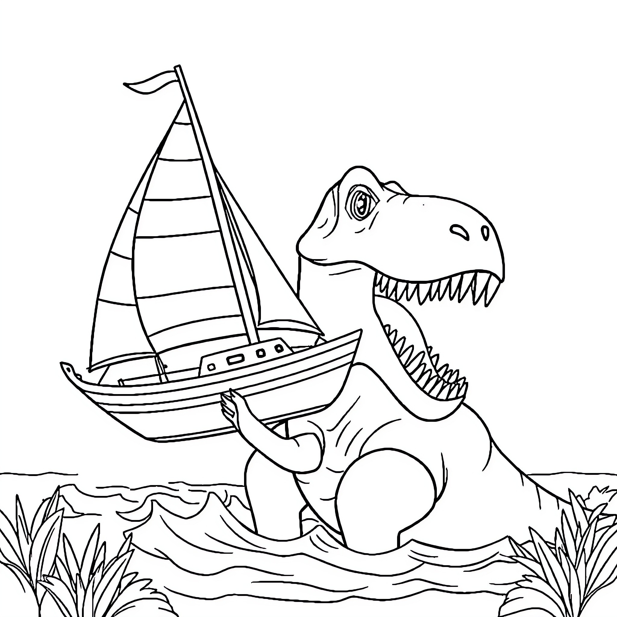 Sailboat sailing near a curious dinosaur Coloring Page (free black-and-white line drawing printable PDF for all, from beginners to advanced learners, including children, teens, adults, and seniors)