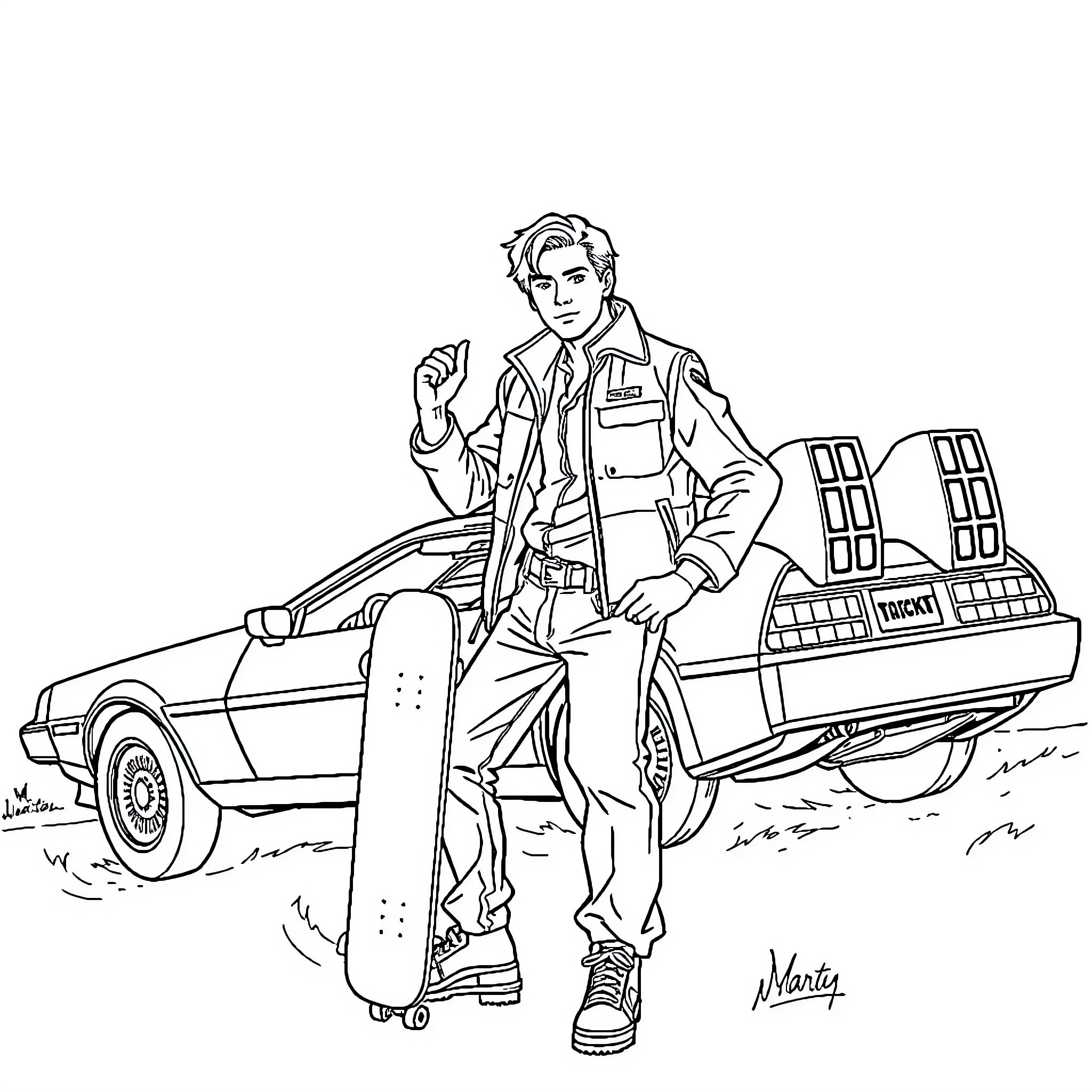 Marty McFly's Futuristic Adventures with a Skateboard Coloring Page (free black-and-white line drawing printable PDF for all, from beginners to advanced learners, including children, teens, adults, and seniors)