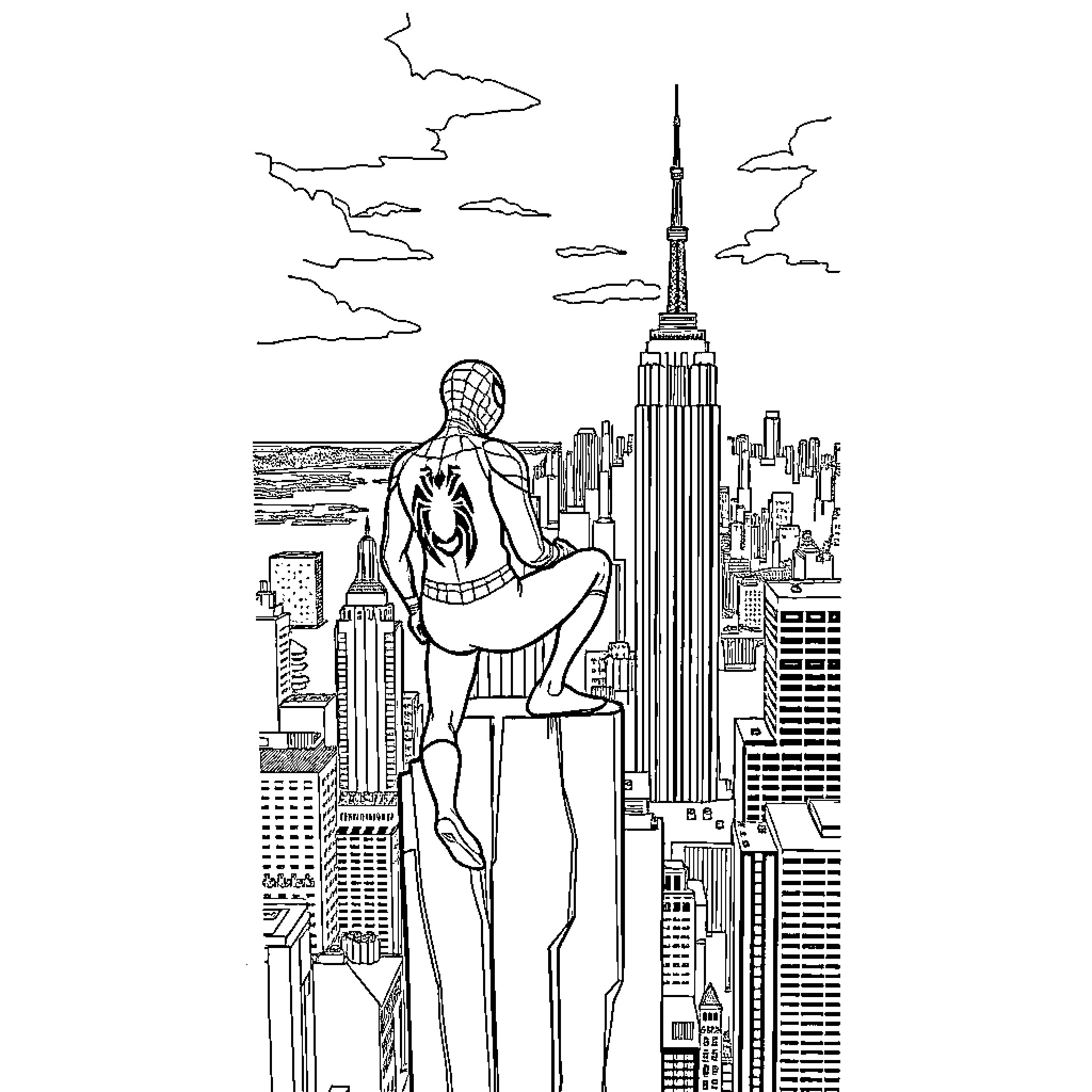Spider-Man overlooking the city skyline Coloring Page (free black-and-white line drawing printable PDF for all, from beginners to advanced learners, including children, teens, adults, and seniors)