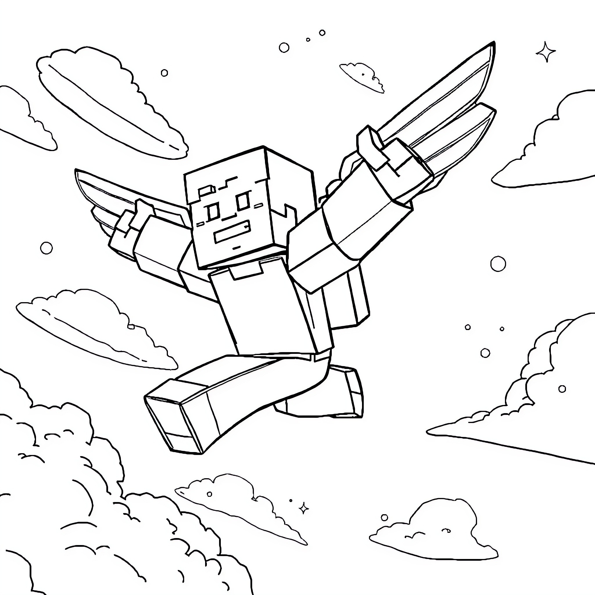 Steve soaring through the cosmic void with wings Coloring Page (free black-and-white line drawing printable PDF for all, from beginners to advanced learners, including children, teens, adults, and seniors)