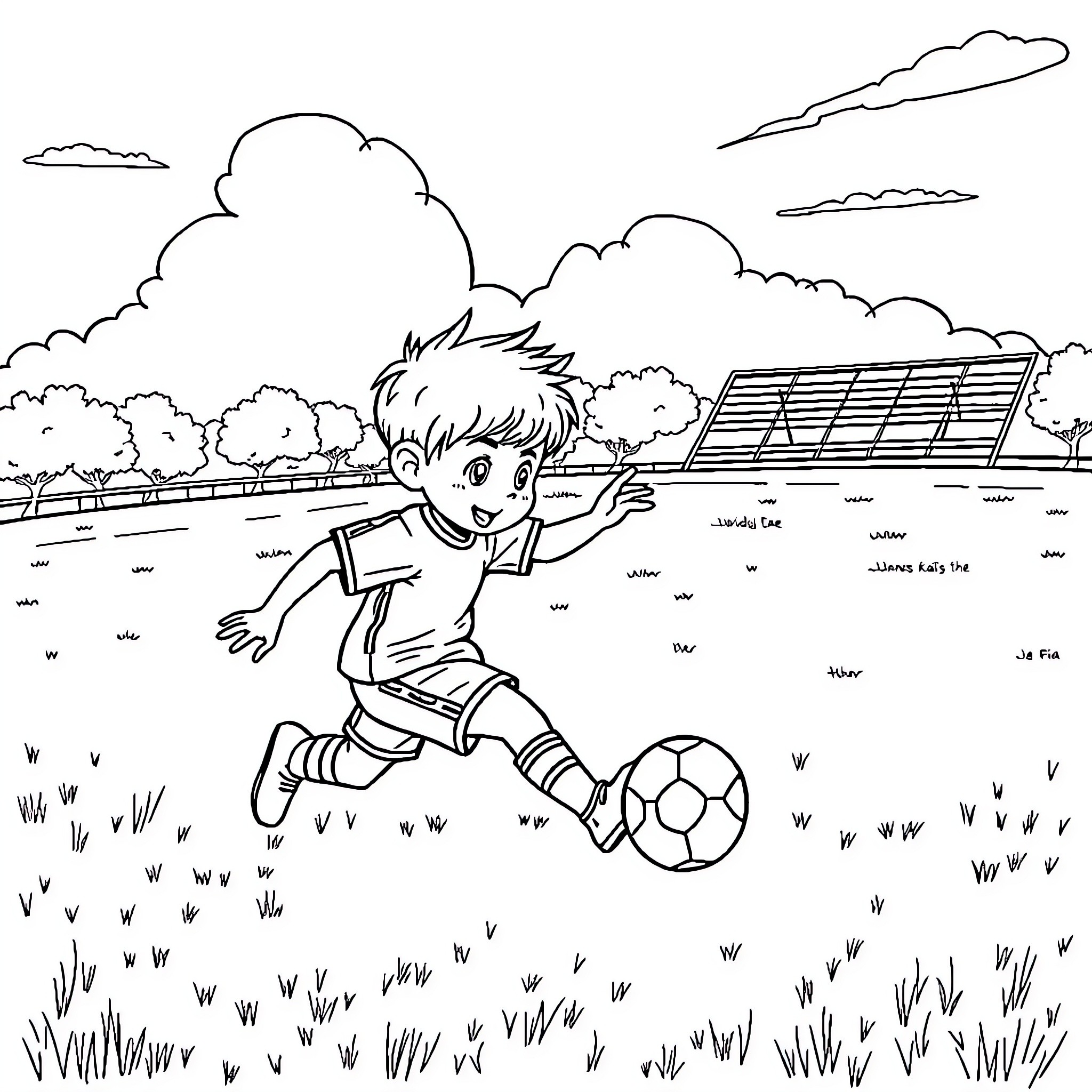 Kai's Playful Soccer Adventure Coloring Page (free black-and-white line drawing printable PDF for all, from beginners to advanced learners, including children, teens, adults, and seniors)