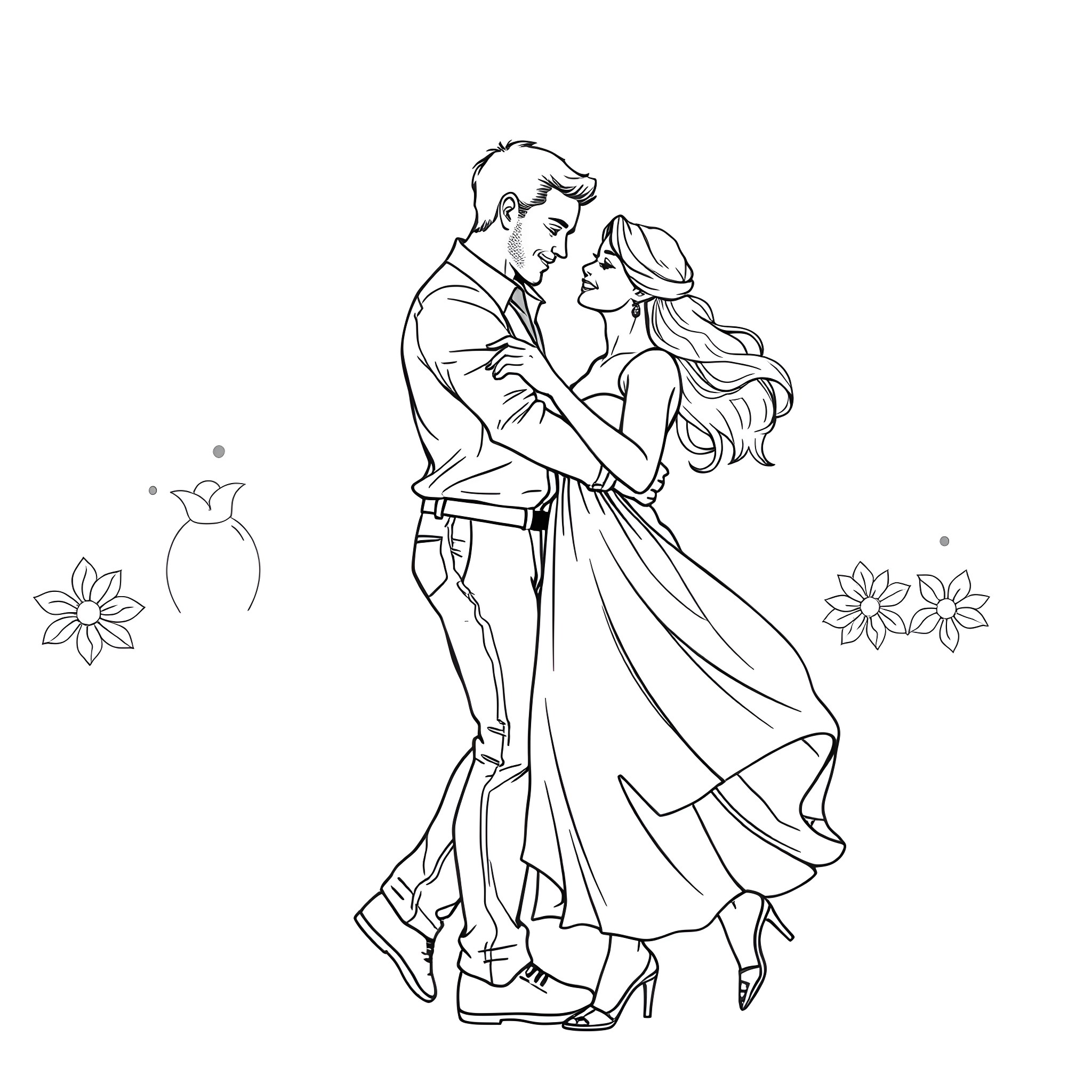 Man and woman dancing intimately in a romantic setting Coloring Page (free black-and-white line drawing printable PDF for all, from beginners to advanced learners, including children, teens, adults, and seniors)