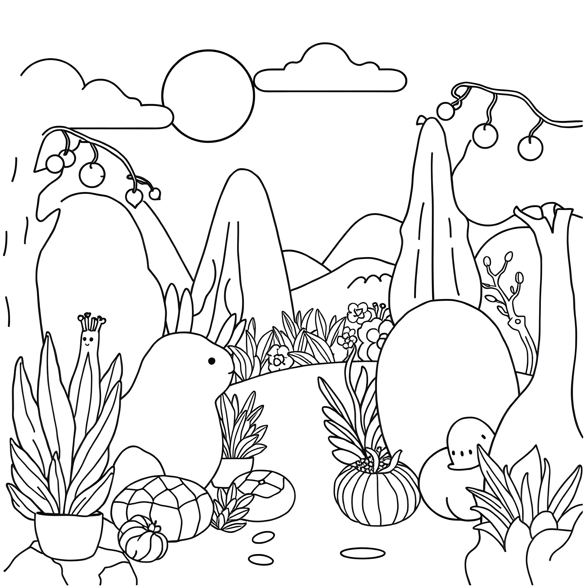 Senior Rabbits in Scenic Garden Setting Coloring Page (free black-and-white line drawing printable PDF for all, from beginners to advanced learners, including children, teens, adults, and seniors)
