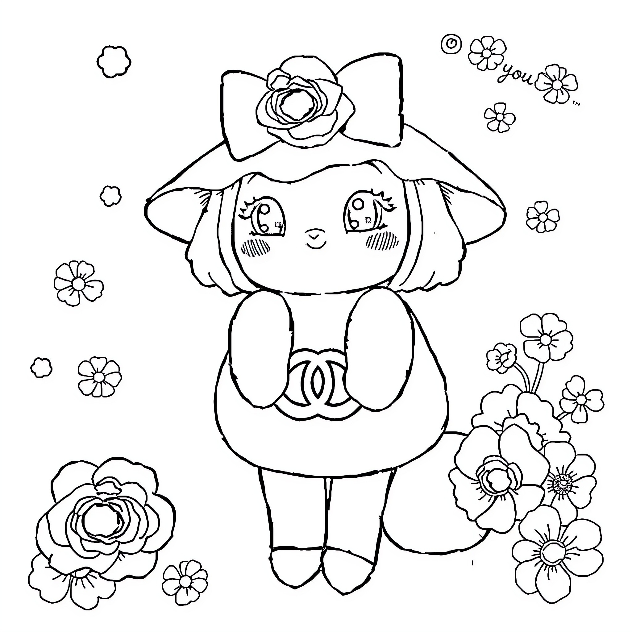 Coucou Chanel adorned with flowers and bow Coloring Page (free black-and-white line drawing printable PDF for all, from beginners to advanced learners, including children, teens, adults, and seniors)