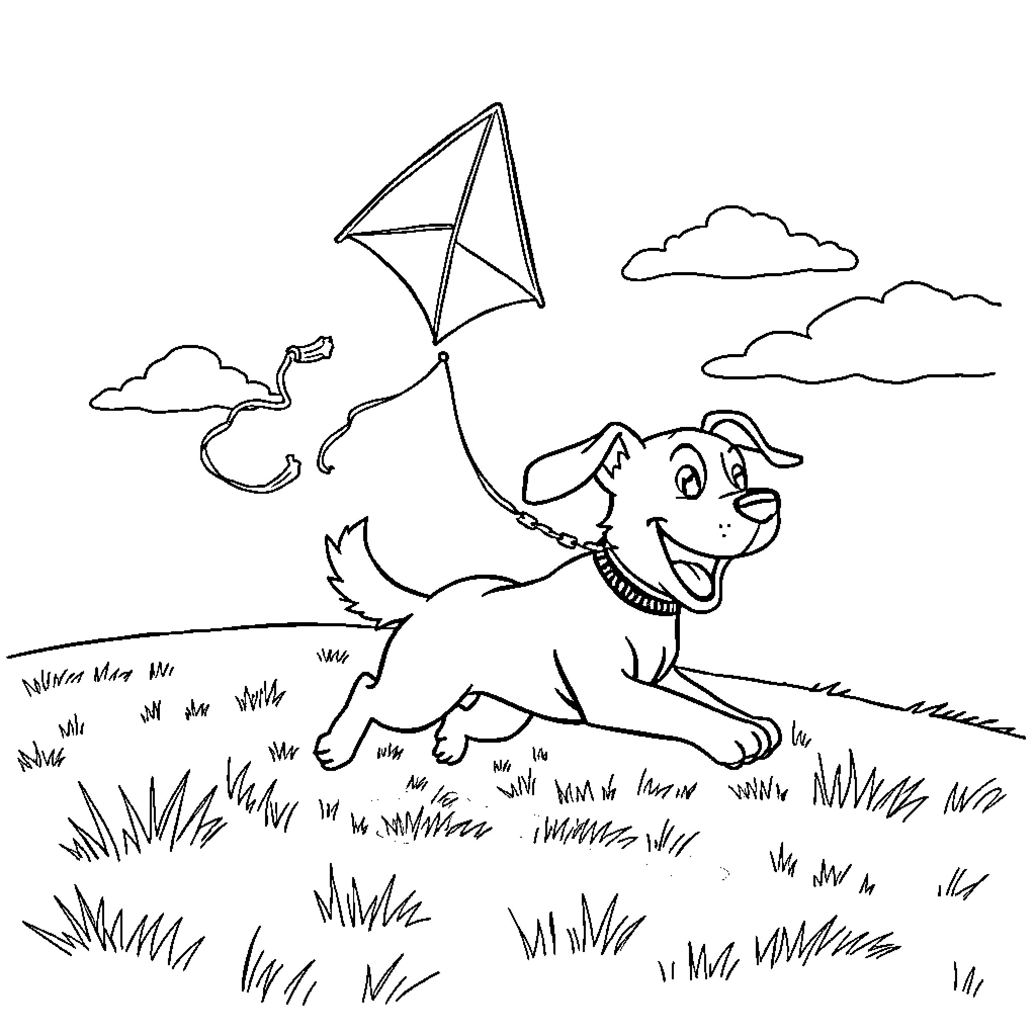 Dog happily flying a kite in the park Coloring Page (free black-and-white line drawing printable PDF for all, from beginners to advanced learners, including children, teens, adults, and seniors)