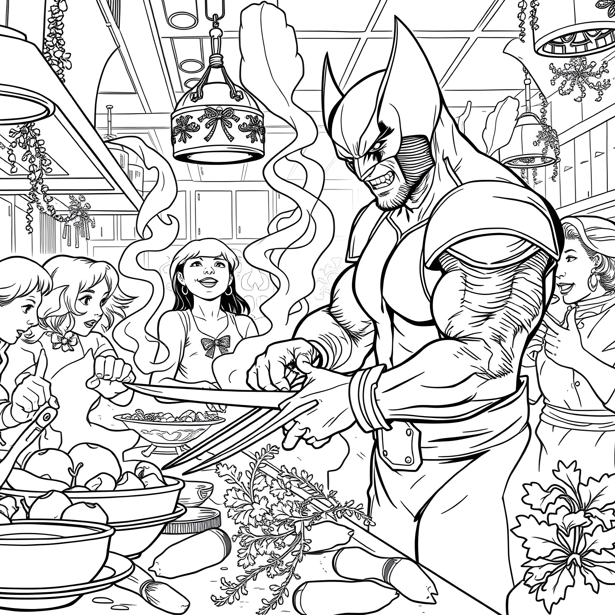 Wolverine cooking a meal for fellow mutants in a vibrant setting Coloring Page (free black-and-white line drawing printable PDF for all, from beginners to advanced learners, including children, teens, adults, and seniors)
