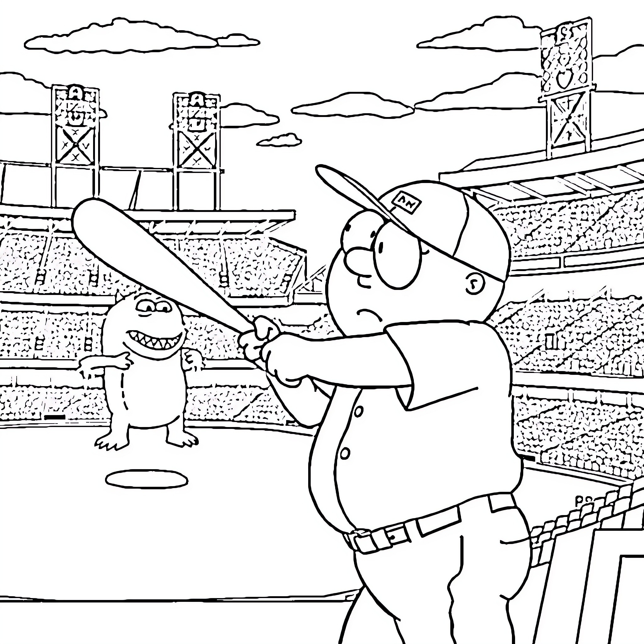 Cartman at the Baseball Game Coloring Page (free black-and-white line drawing printable PDF for all, from beginners to advanced learners, including children, teens, adults, and seniors)