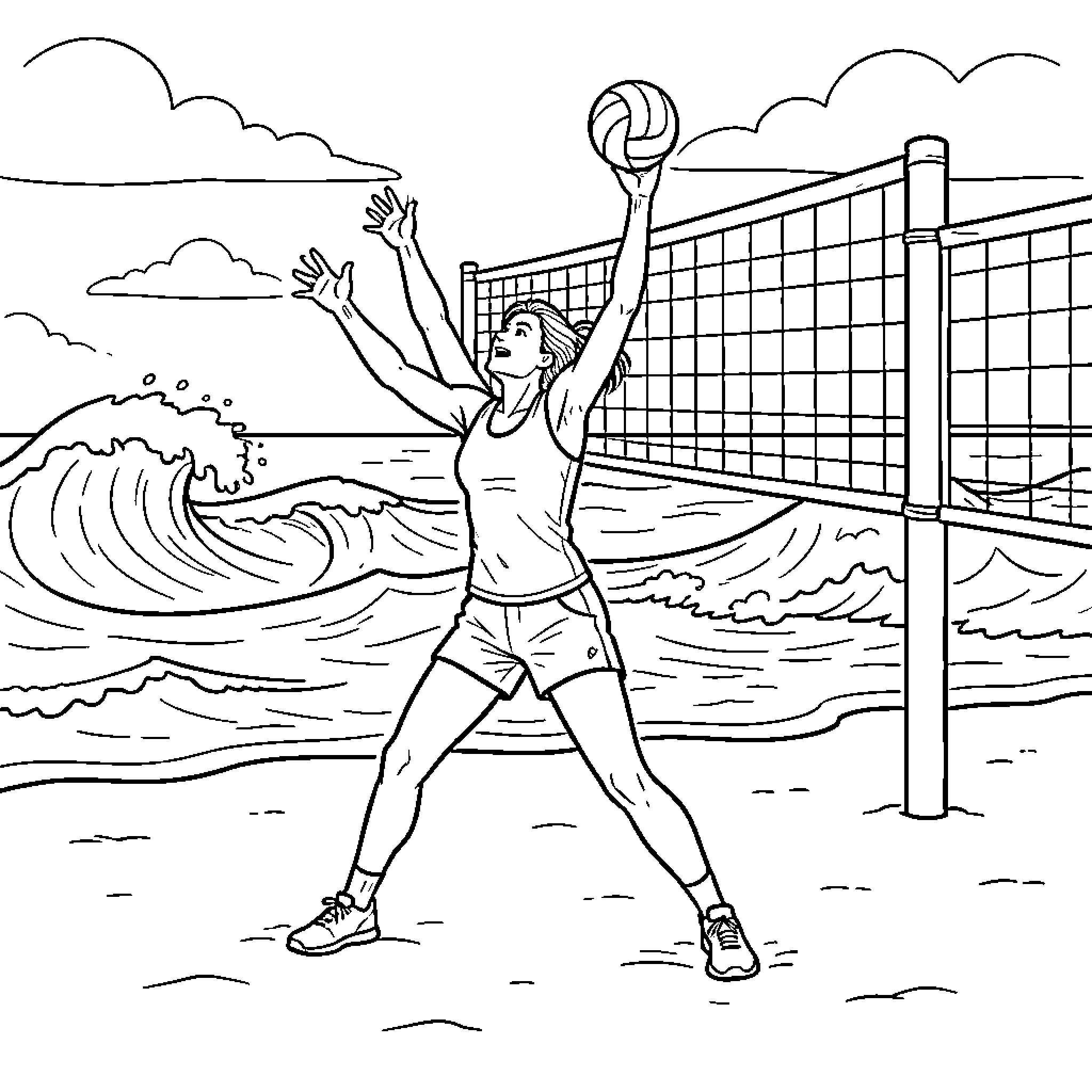 Hunrix woman playing volleyball on a sunny beach Coloring Page (free black-and-white line drawing printable PDF for all, from beginners to advanced learners, including children, teens, adults, and seniors)