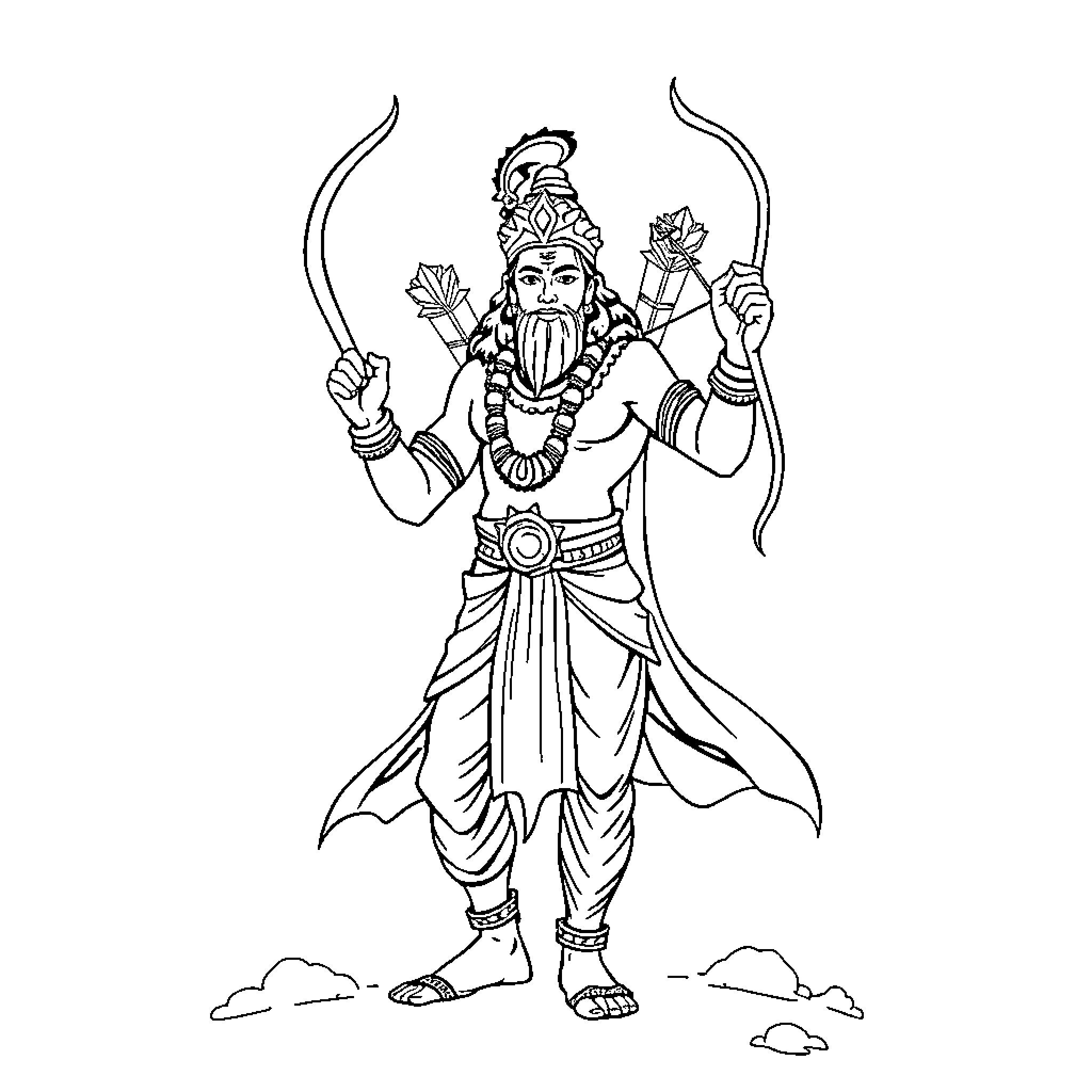 Ram wielding divine weapons in celestial attire Coloring Page (free black-and-white line drawing printable PDF for all, from beginners to advanced learners, including children, teens, adults, and seniors)