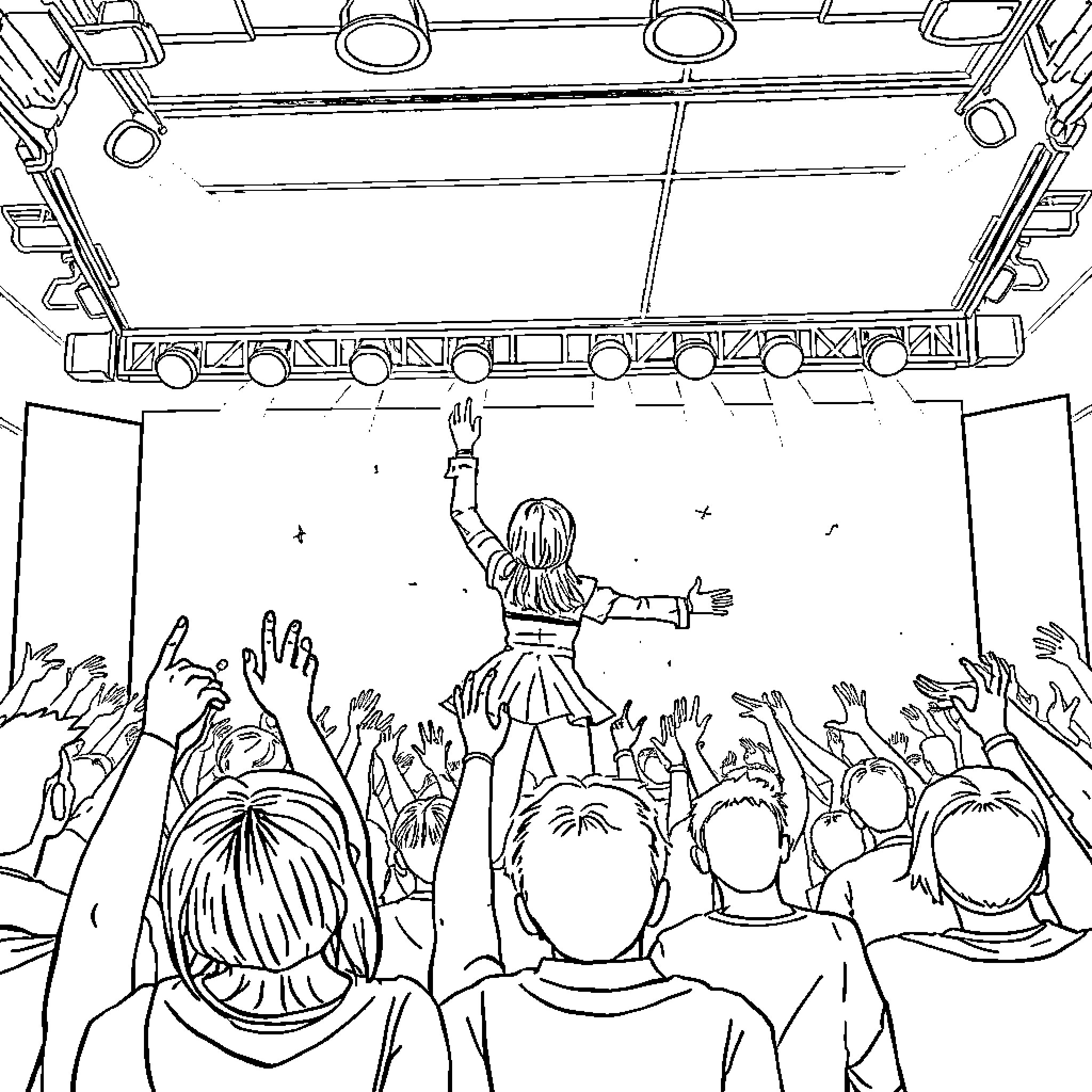 Kpop Rumi Performing on Stage Energetically Coloring Page (free black-and-white line drawing printable PDF for all, from beginners to advanced learners, including children, teens, adults, and seniors)
