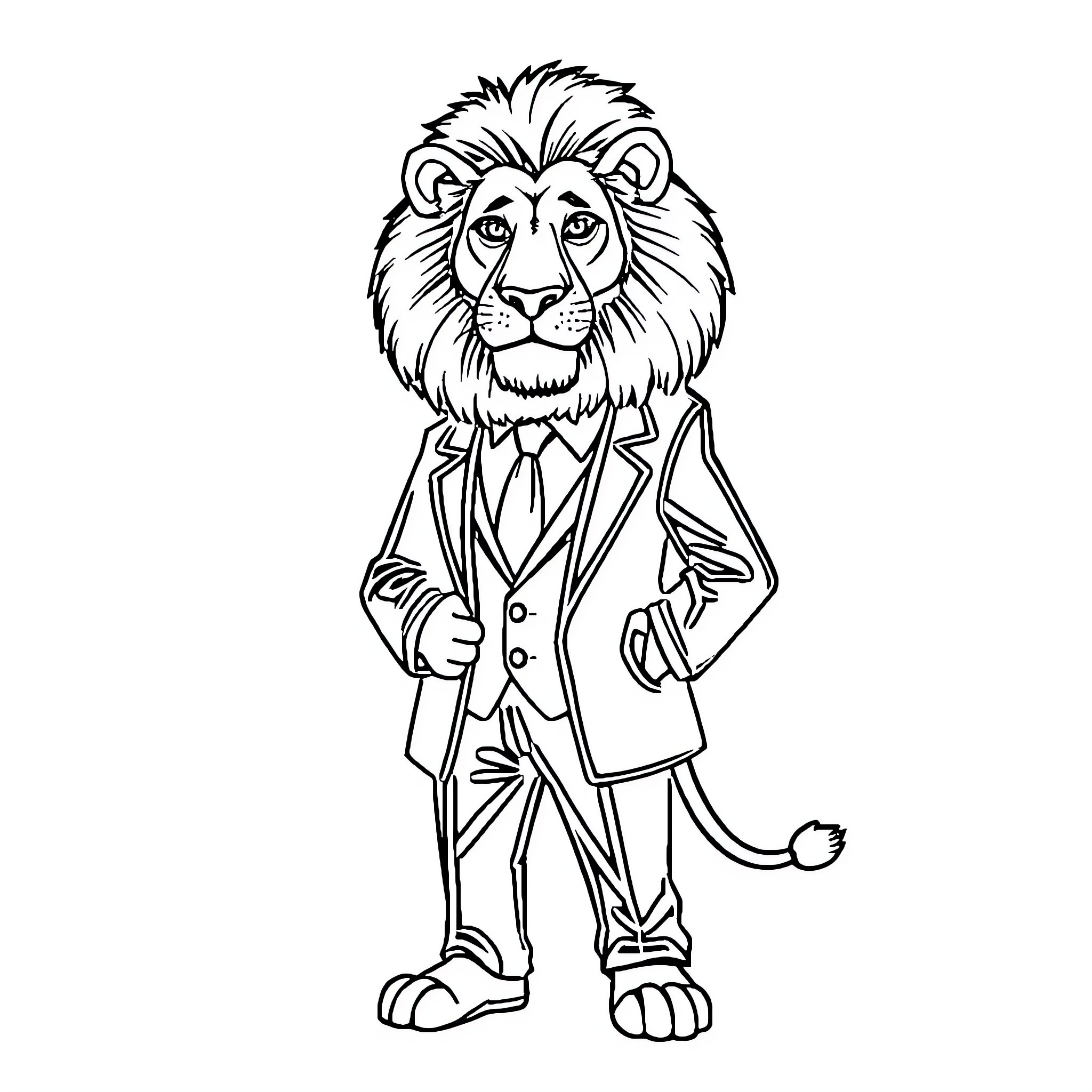 Lion in a Formal Suit Coloring Page (free black-and-white line drawing printable PDF for all, from beginners to advanced learners, including children, teens, adults, and seniors)