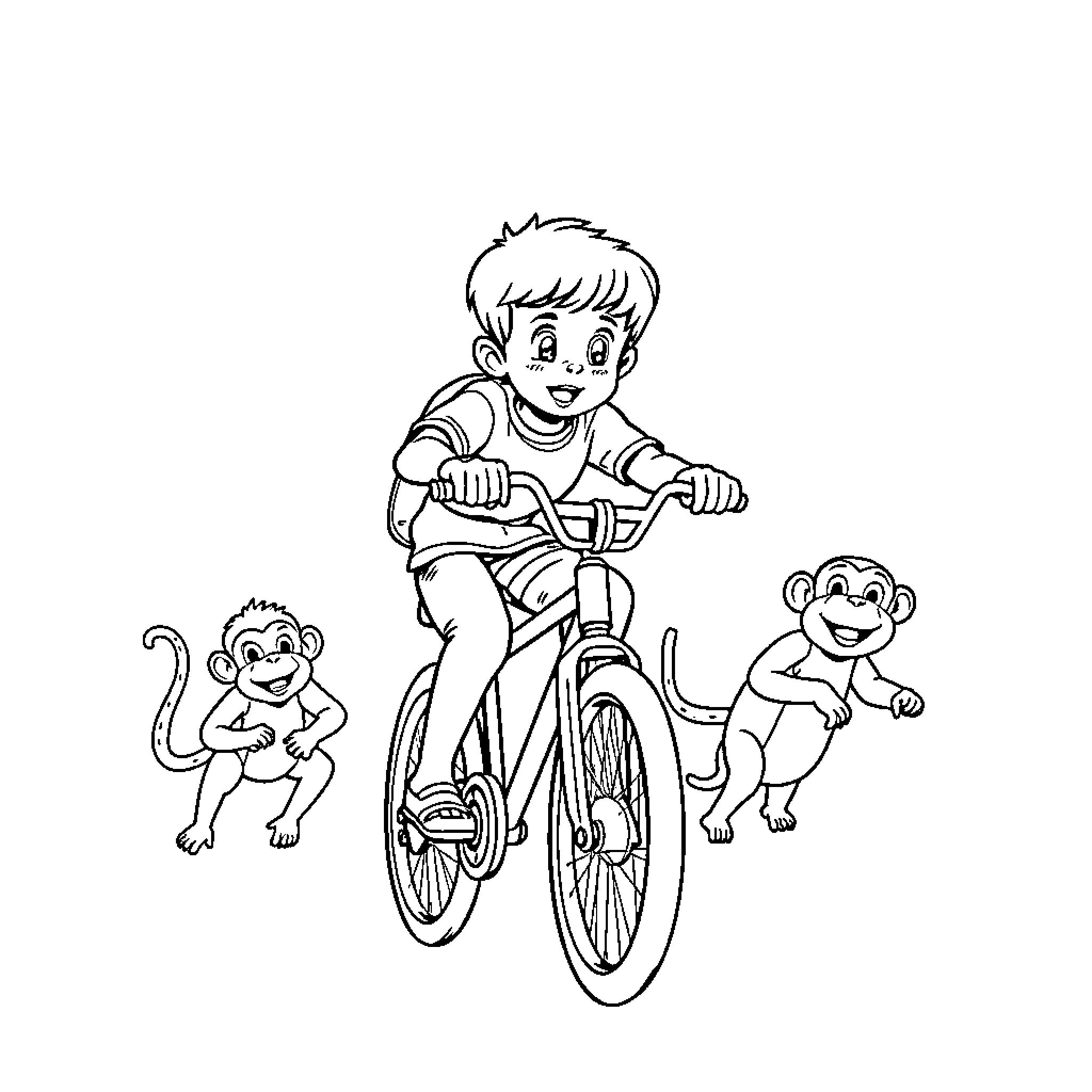 Boy riding bicycle with playful monkeys Coloring Page (free black-and-white line drawing printable PDF for all, from beginners to advanced learners, including children, teens, adults, and seniors)