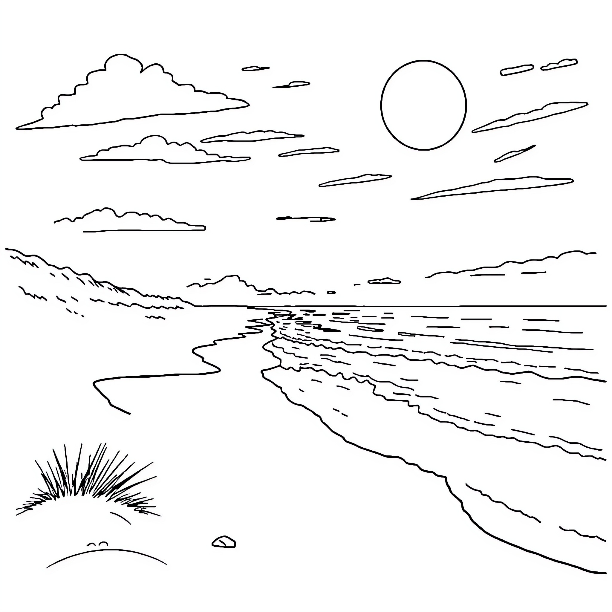 Beach scenic landscape with waves and clouds Coloring Page (free black-and-white line drawing printable PDF for all, from beginners to advanced learners, including children, teens, adults, and seniors)